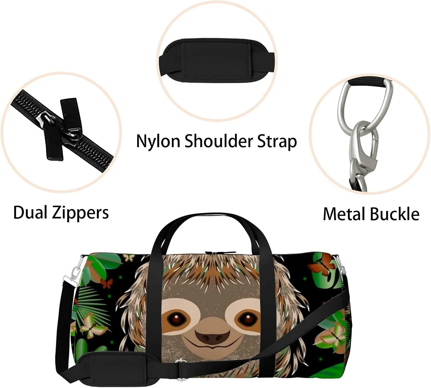 Sports Gym Bag for Women and Men Waterproof Sloth Hhead Face Portrait Gray Duffel Bag Lightweight Carryon Traveling Boarding Gripsack