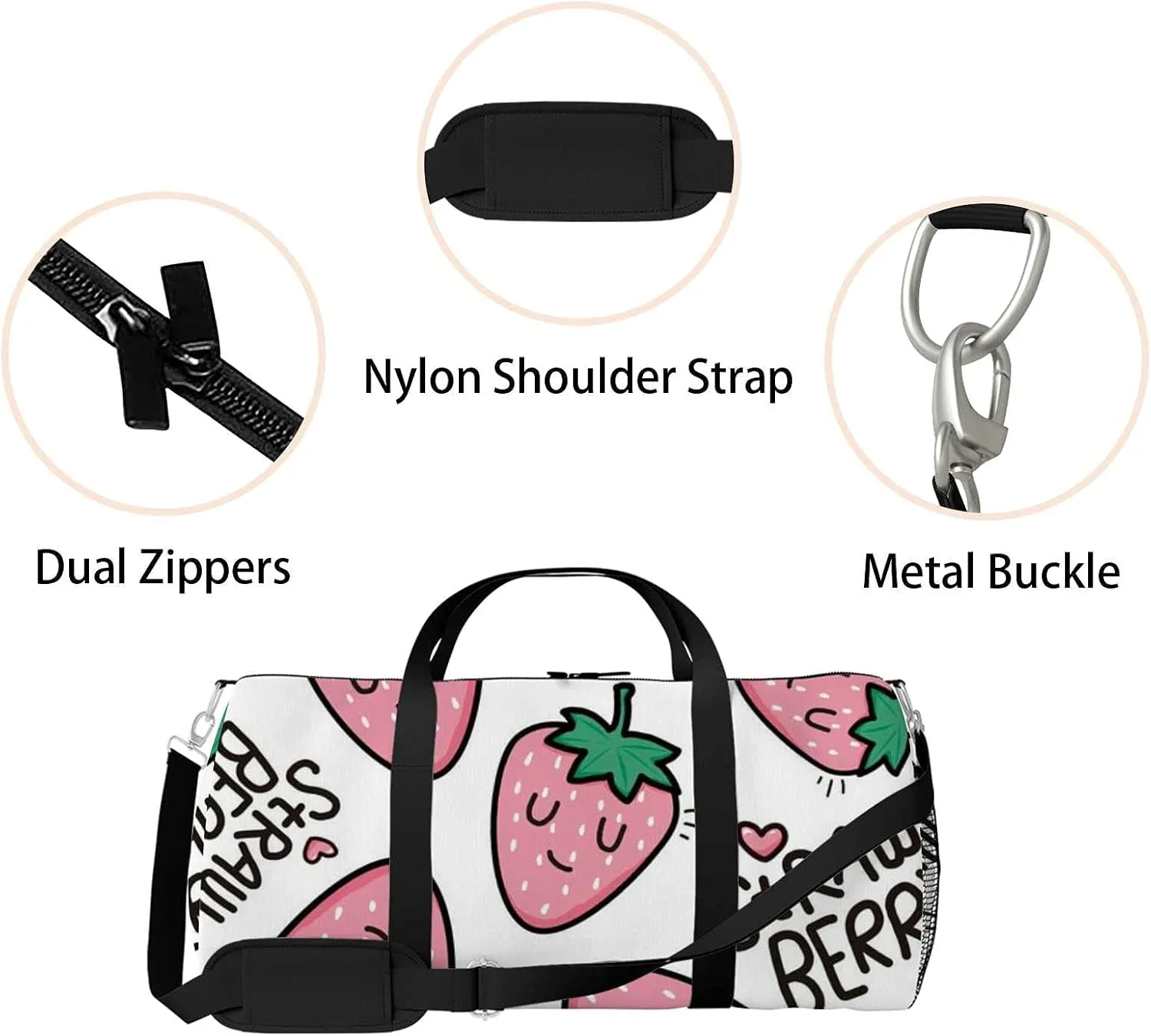 Sports Gym Bag for Women and Men Waterproof Strawberry Pattern Illustration Duffel Bag Lightweight Carryon Traveling Boarding Gripsack