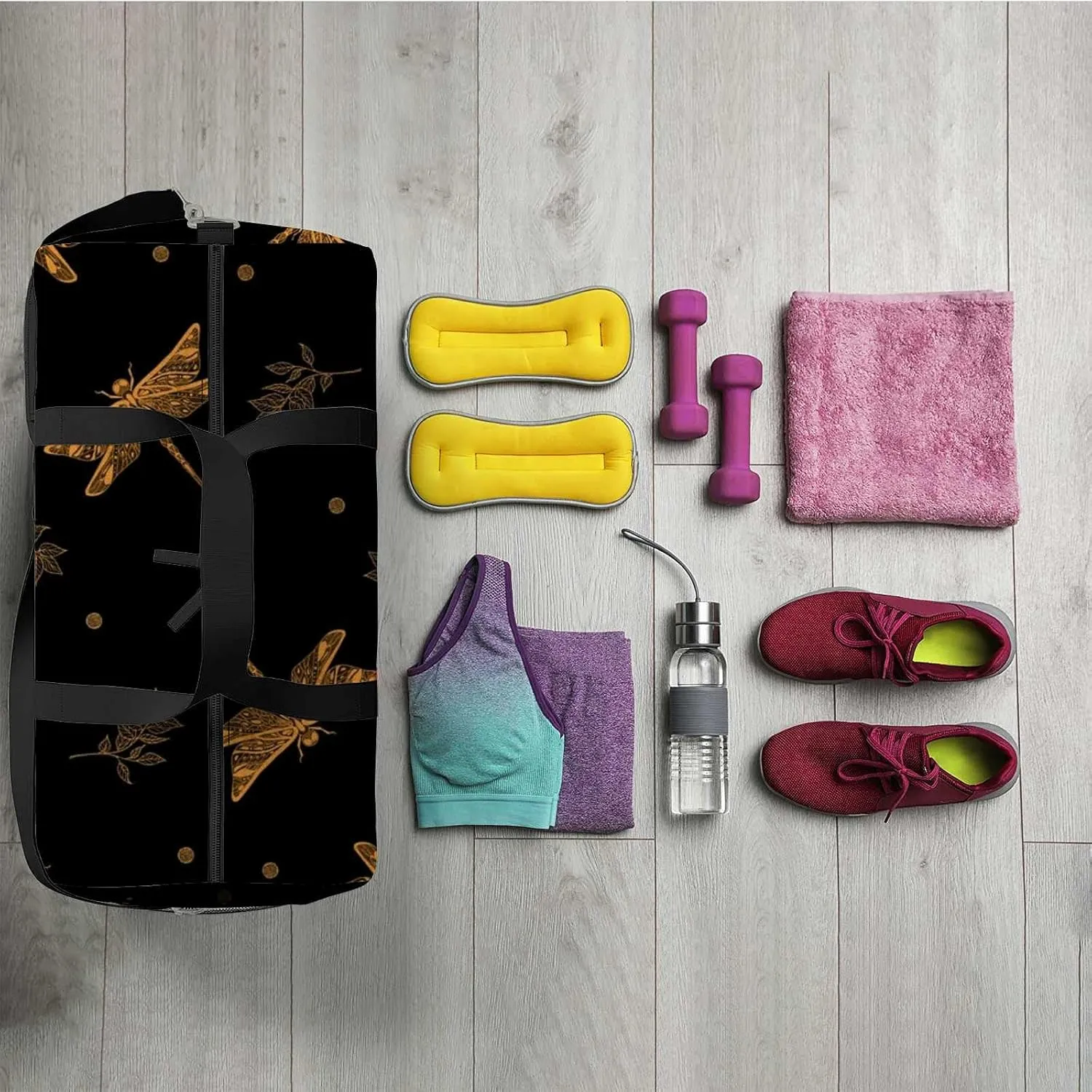 Sports Gym Bag for Women and Men Waterproof Stylish Pattern Drawn Dragonfly Duffel Bag Lightweight Carryon Traveling Boarding Gripsack
