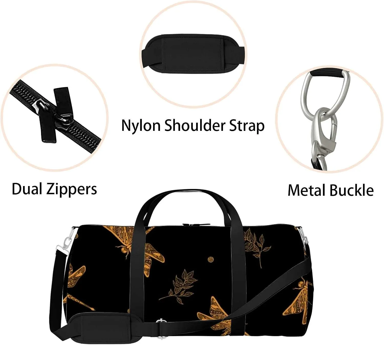 Sports Gym Bag for Women and Men Waterproof Stylish Pattern Drawn Dragonfly Duffel Bag Lightweight Carryon Traveling Boarding Gripsack
