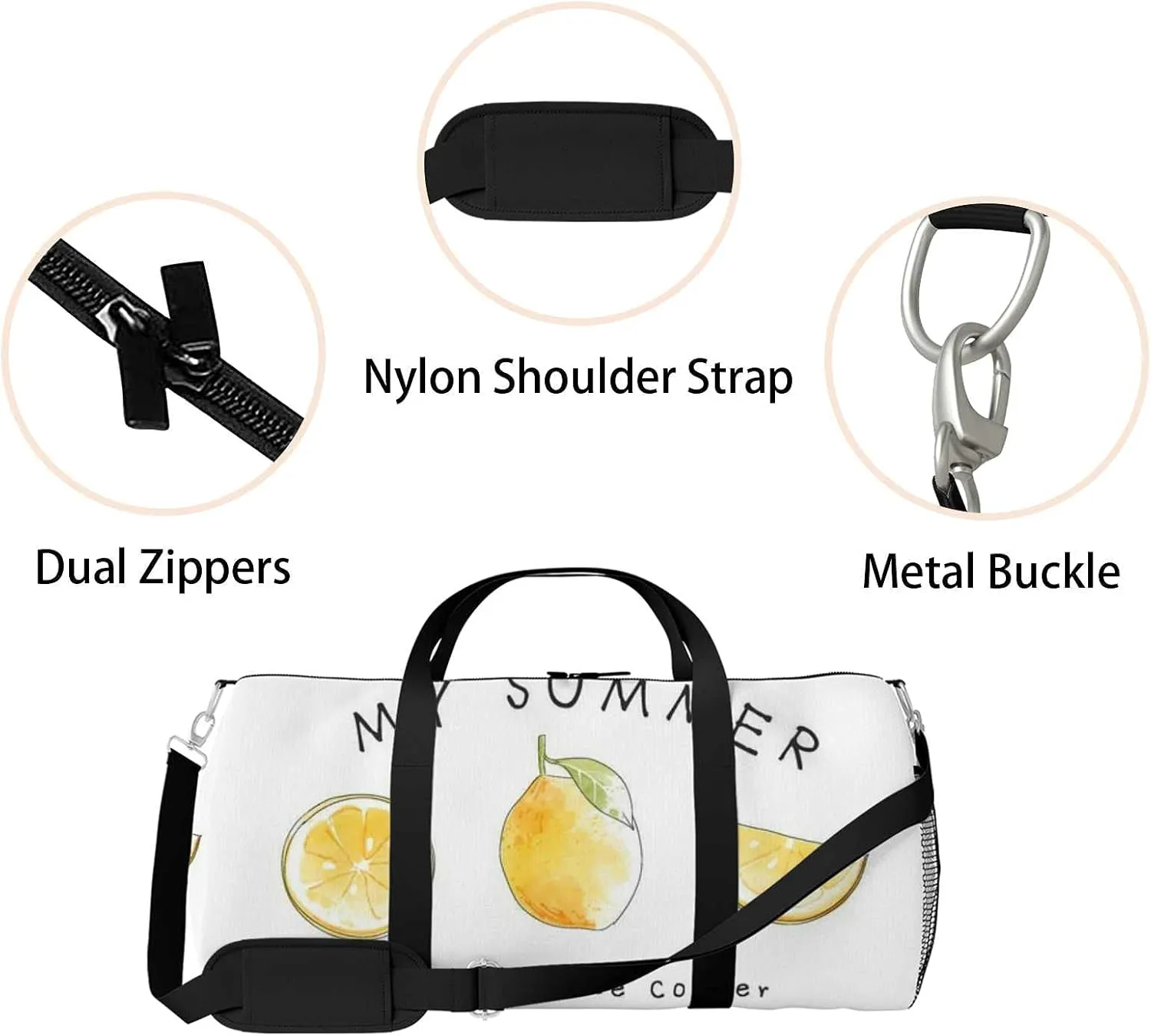 Sports Gym Bag for Women and Men Waterproof Summer Lemons Illustration Duffel Bag Lightweight Carryon Traveling Boarding Gripsack