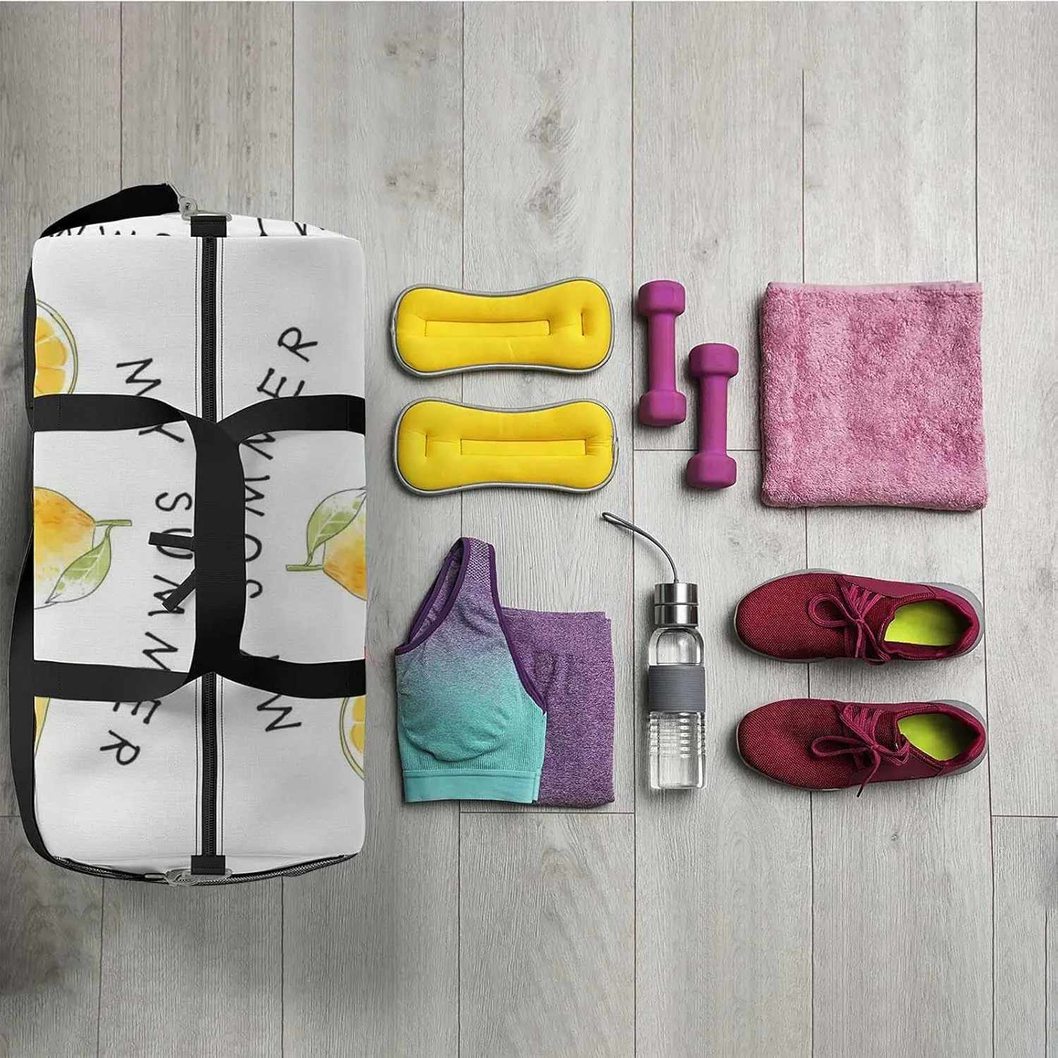 Sports Gym Bag for Women and Men Waterproof Summer Lemons Illustration Duffel Bag Lightweight Carryon Traveling Boarding Gripsack