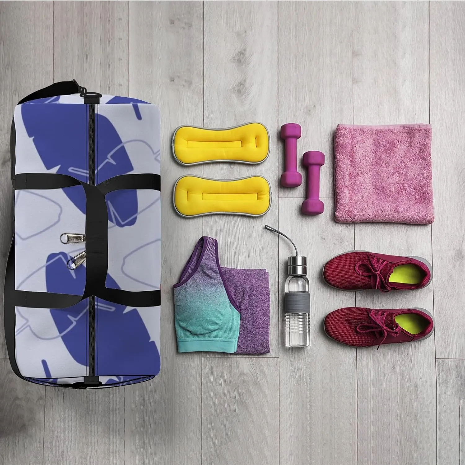 Sports Gym Bag for Women and Men Waterproof Tropical Leaves Hand Drawn Pattern Blue Purple Duffel Bag Lightweight Carryon Traveling Boarding Gripsack