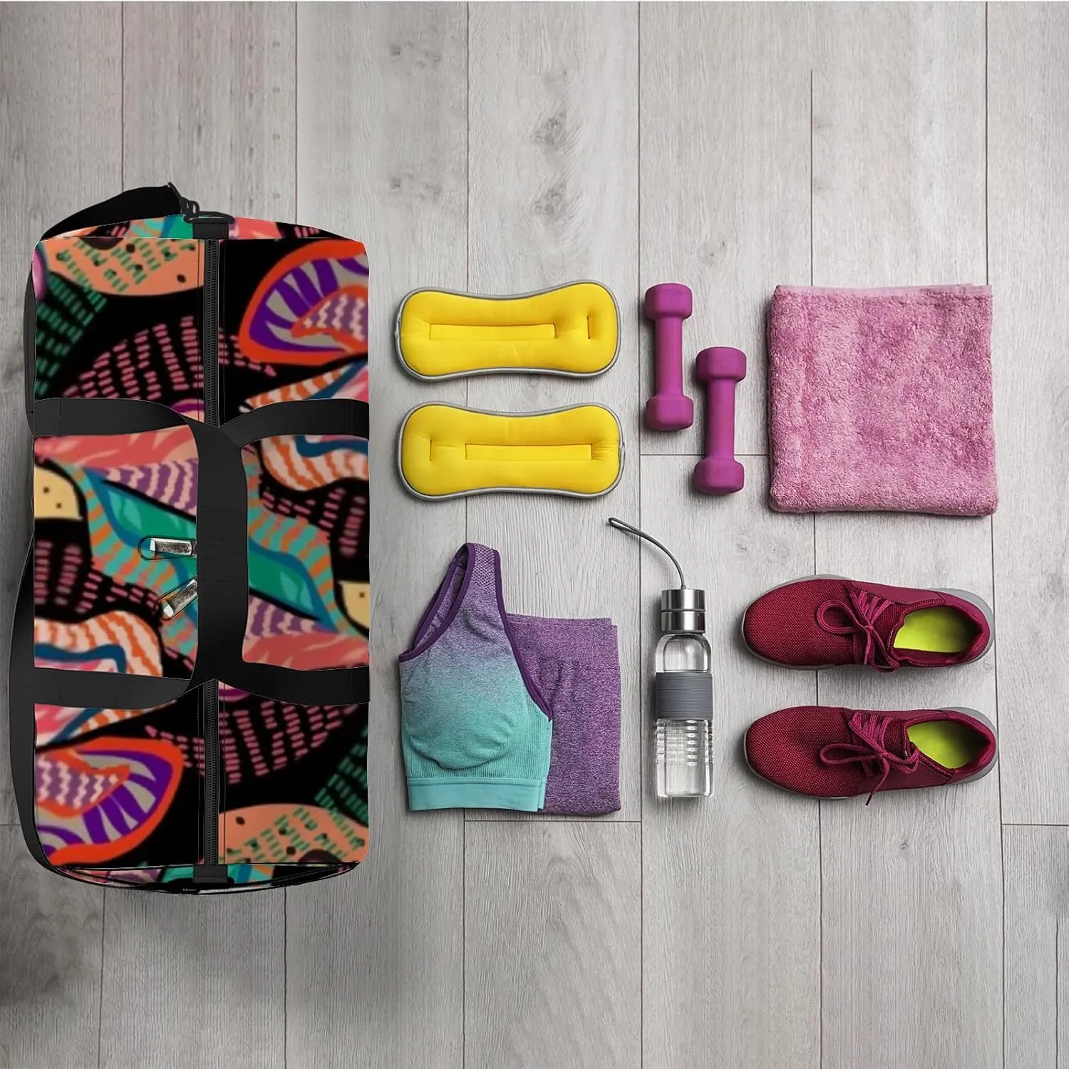 Sports Gym Bag for Women and Men Waterproof Tropical Multicolored Hand Drawn Elements Dark Duffel Bag Lightweight Carryon Traveling Boarding Gripsack