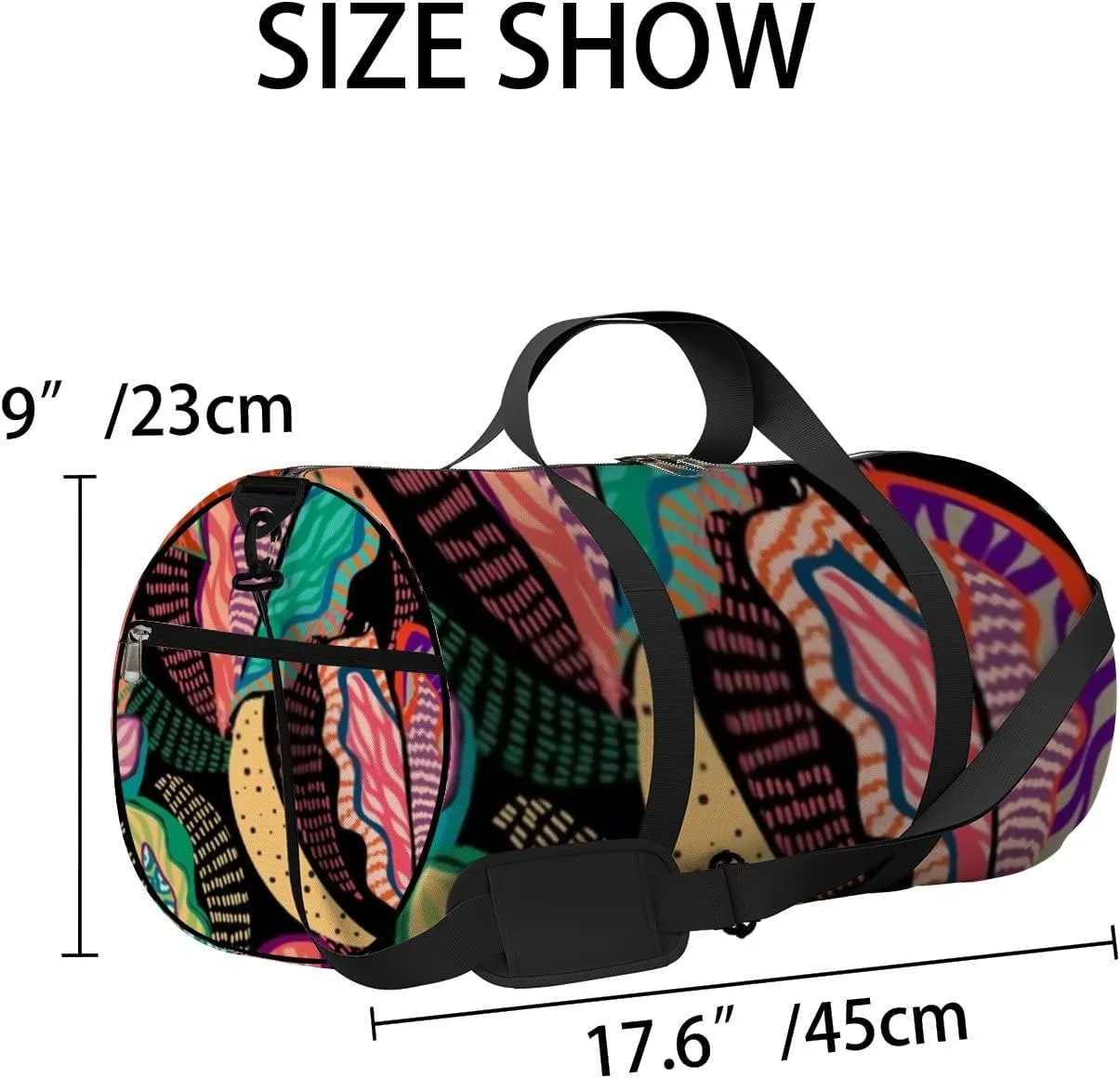 Sports Gym Bag for Women and Men Waterproof Tropical Multicolored Hand Drawn Elements Dark Duffel Bag Lightweight Carryon Traveling Boarding Gripsack