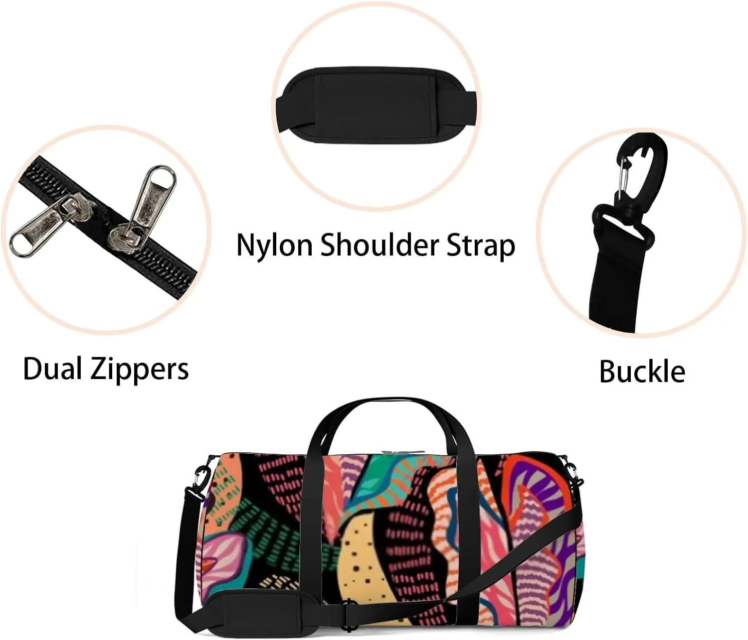 Sports Gym Bag for Women and Men Waterproof Tropical Multicolored Hand Drawn Elements Dark Duffel Bag Lightweight Carryon Traveling Boarding Gripsack