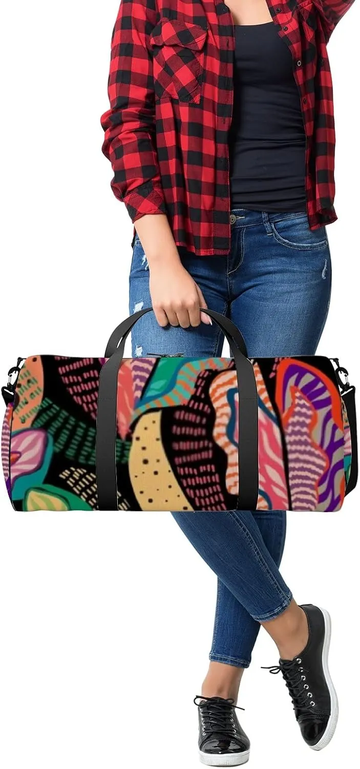 Sports Gym Bag for Women and Men Waterproof Tropical Multicolored Hand Drawn Elements Dark Duffel Bag Lightweight Carryon Traveling Boarding Gripsack