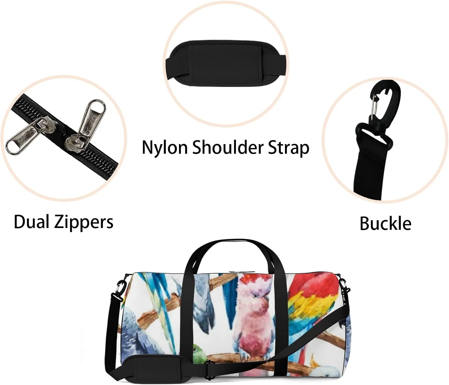 Sports Gym Bag for Women and Men Waterproof Watercolor Bright Parrot Tropical Bird Duffel Bag Lightweight Carryon Traveling Boarding Gripsack