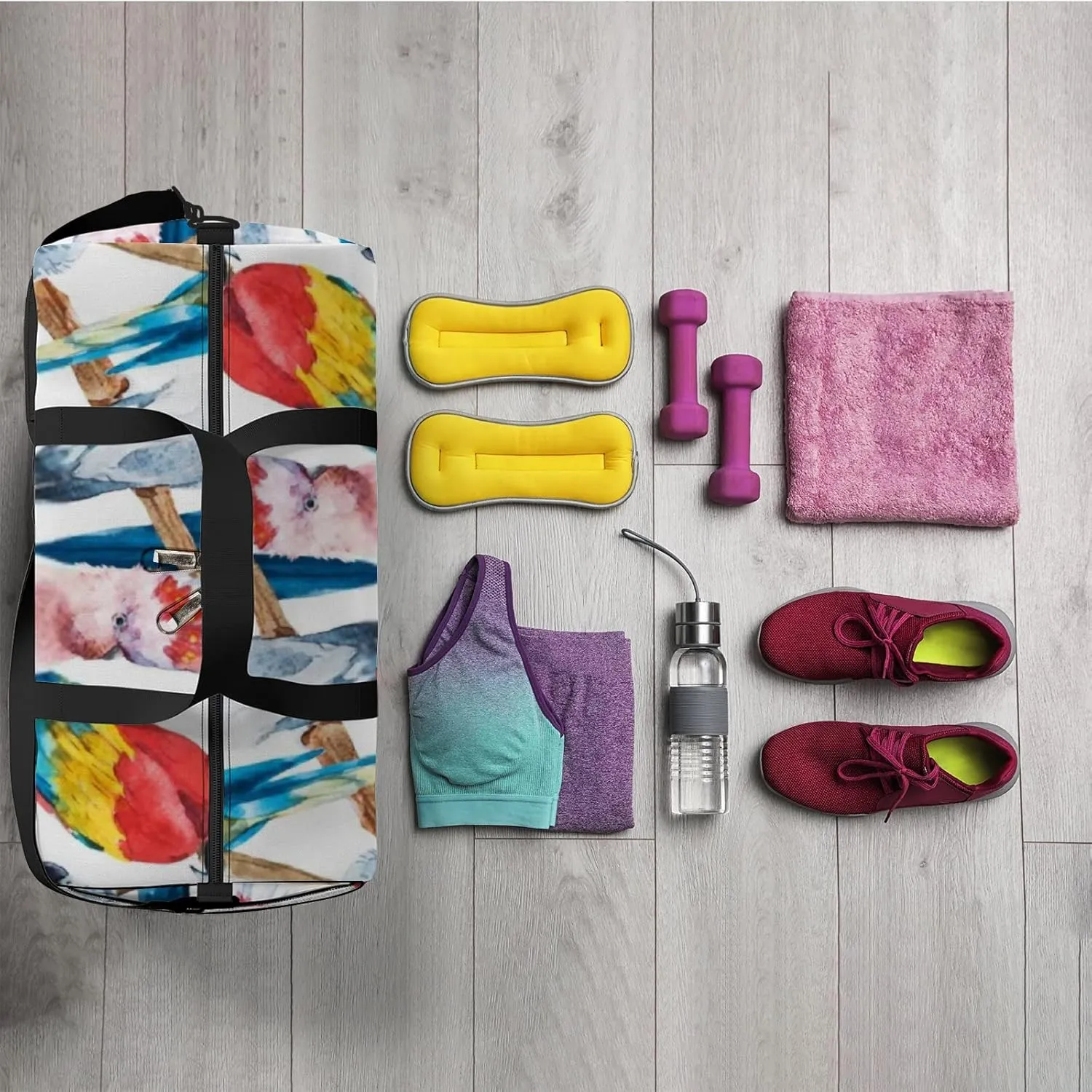 Sports Gym Bag for Women and Men Waterproof Watercolor Bright Parrot Tropical Bird Duffel Bag Lightweight Carryon Traveling Boarding Gripsack