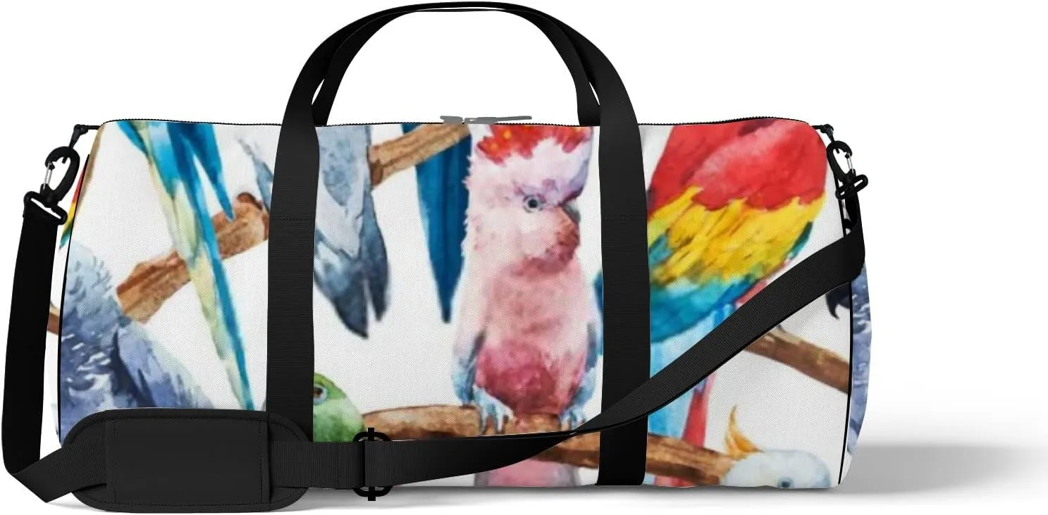 Sports Gym Bag for Women and Men Waterproof Watercolor Bright Parrot Tropical Bird Duffel Bag Lightweight Carryon Traveling Boarding Gripsack