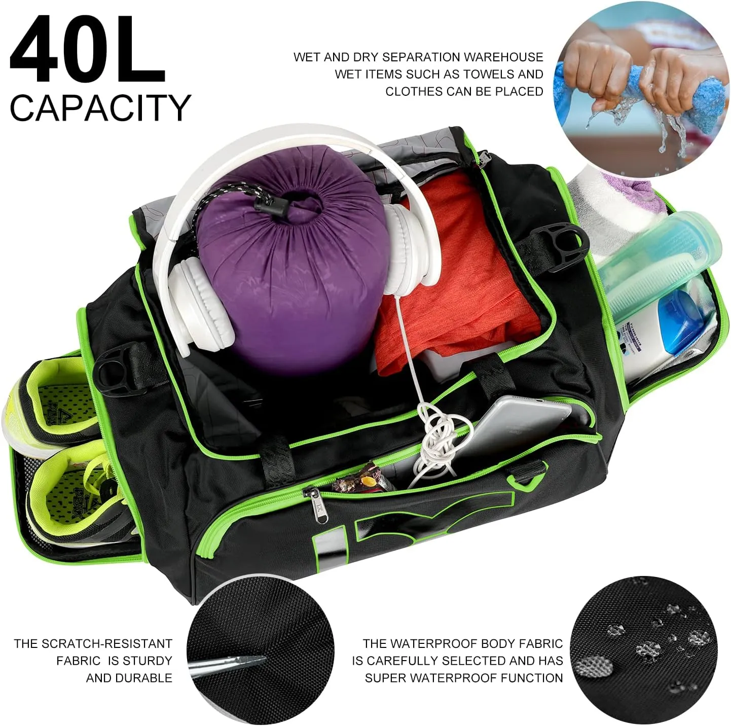 Sports Gym Bag，INOXTO Travel Duffel Bag with Dry Wet Pocket And Shoe CompartmentFor Women and Men，40L/55L Fitness Waterproof Weekender Bag For Swim Sports Travel Working Out (Black green, 40L)
