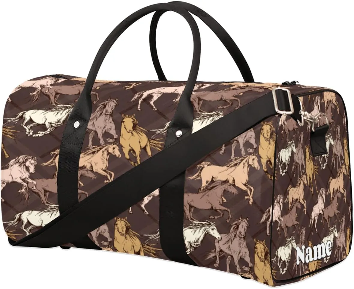 Sports Gym Duffel Bag Customized Name for Women & Men, Animal Horse Retro Print Waterproof Tote Beach Bag Foldable Personal Item Travel Bag for Weekender Overnight Dance Carry-On Bag