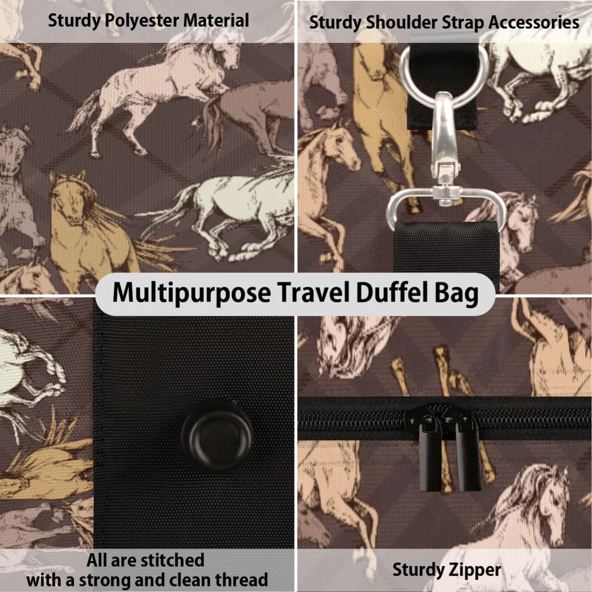 Sports Gym Duffel Bag Customized Name for Women & Men, Animal Horse Retro Print Waterproof Tote Beach Bag Foldable Personal Item Travel Bag for Weekender Overnight Dance Carry-On Bag