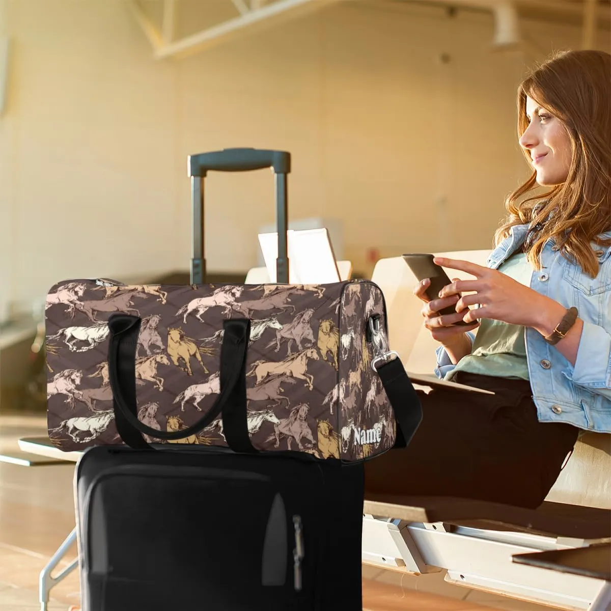 Sports Gym Duffel Bag Customized Name for Women & Men, Animal Horse Retro Print Waterproof Tote Beach Bag Foldable Personal Item Travel Bag for Weekender Overnight Dance Carry-On Bag
