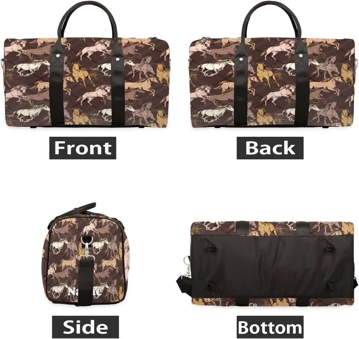 Sports Gym Duffel Bag Customized Name for Women & Men, Animal Horse Retro Print Waterproof Tote Beach Bag Foldable Personal Item Travel Bag for Weekender Overnight Dance Carry-On Bag