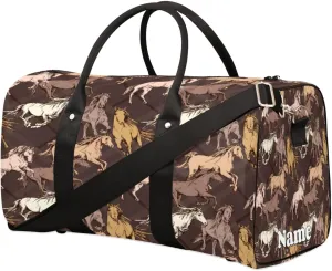 Sports Gym Duffel Bag Customized Name for Women & Men, Animal Horse Retro Print Waterproof Tote Beach Bag Foldable Personal Item Travel Bag for Weekender Overnight Dance Carry-On Bag