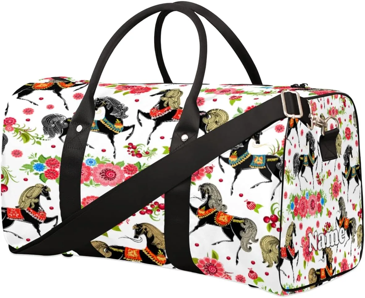 Sports Gym Duffel Bag Customized Name for Women & Men, Flower Horse Waterproof Tote Beach Bag Foldable Personal Item Travel Bag for Weekender Overnight Dance Carry-On Bag