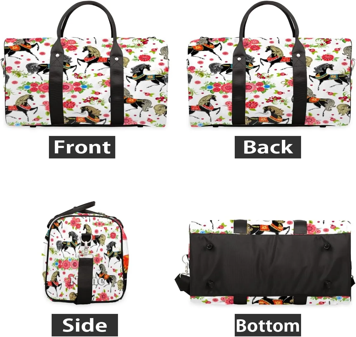 Sports Gym Duffel Bag Customized Name for Women & Men, Flower Horse Waterproof Tote Beach Bag Foldable Personal Item Travel Bag for Weekender Overnight Dance Carry-On Bag