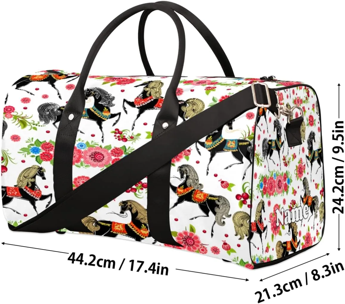 Sports Gym Duffel Bag Customized Name for Women & Men, Flower Horse Waterproof Tote Beach Bag Foldable Personal Item Travel Bag for Weekender Overnight Dance Carry-On Bag