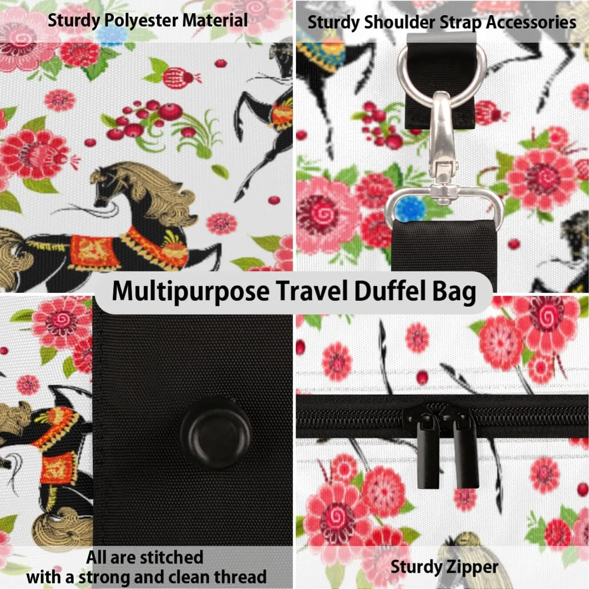 Sports Gym Duffel Bag Customized Name for Women & Men, Flower Horse Waterproof Tote Beach Bag Foldable Personal Item Travel Bag for Weekender Overnight Dance Carry-On Bag