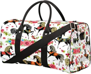 Sports Gym Duffel Bag Customized Name for Women & Men, Flower Horse Waterproof Tote Beach Bag Foldable Personal Item Travel Bag for Weekender Overnight Dance Carry-On Bag