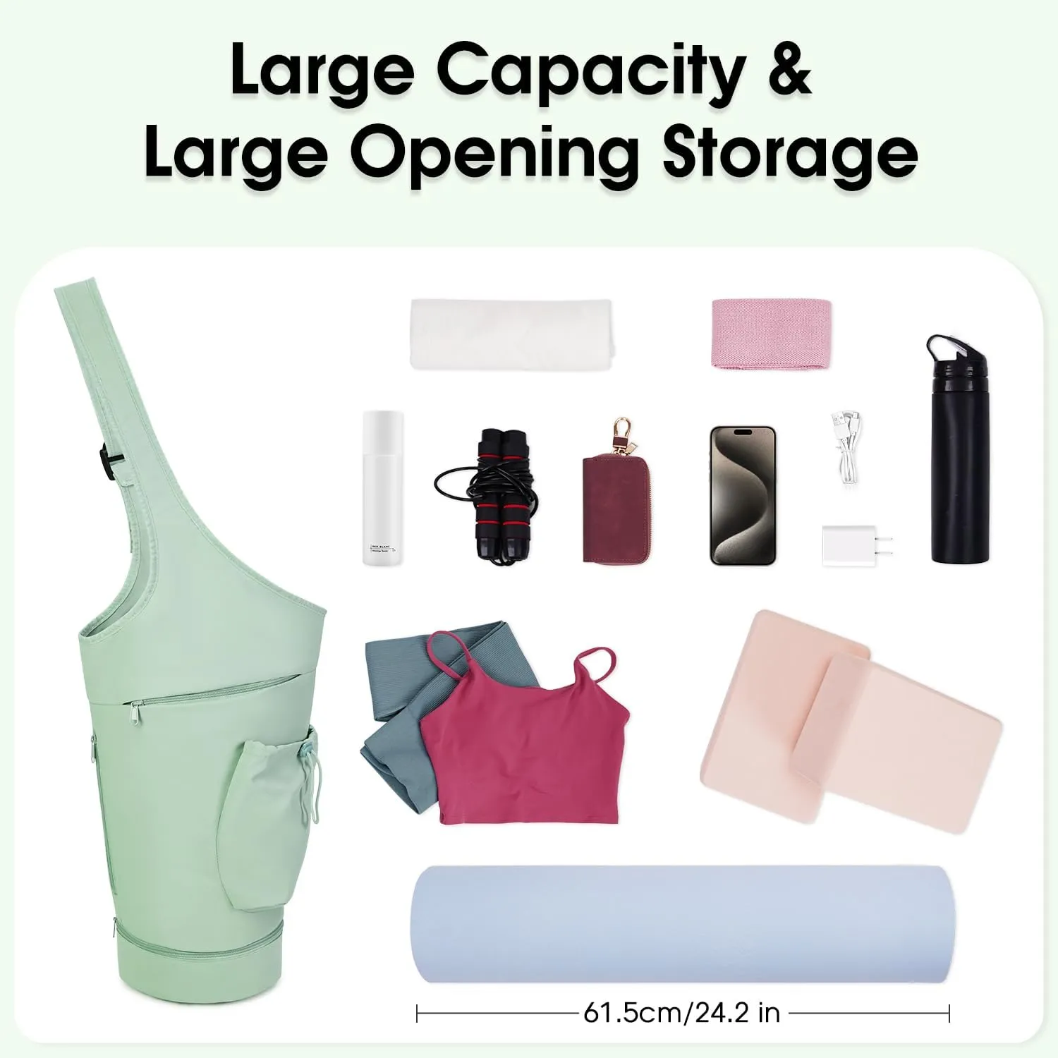 sportsnew Yoga Mat Bag, Large Opening Long Tote Yoga Mat Carrier Holder Bag with Waterproof Wet Pocket and Drawstring Water Bottle Pocket, Adjustable Shoulder Strap Storage Bag, patent pending
