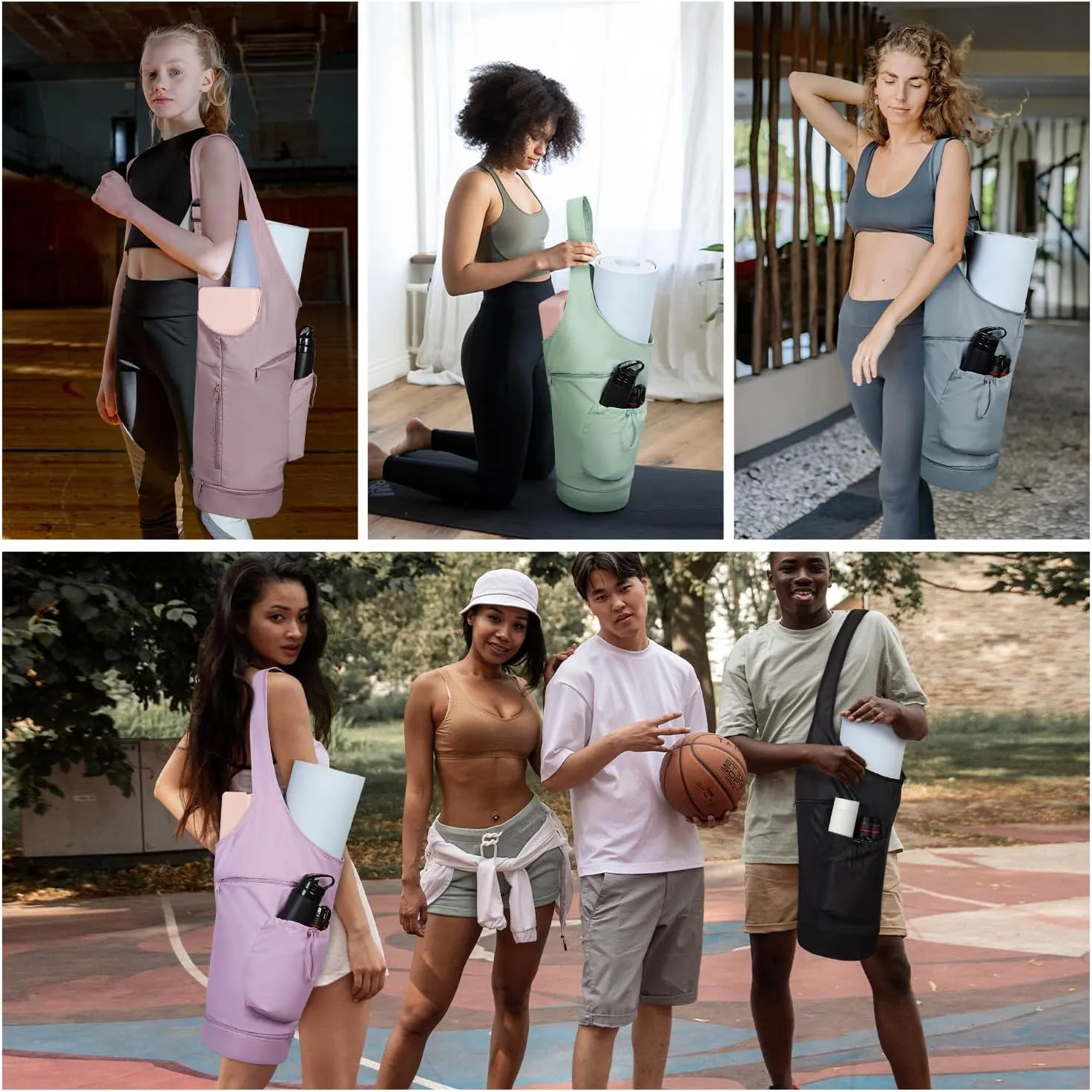 sportsnew Yoga Mat Bag, Large Opening Long Tote Yoga Mat Carrier Holder Bag with Waterproof Wet Pocket and Drawstring Water Bottle Pocket, Adjustable Shoulder Strap Storage Bag, patent pending