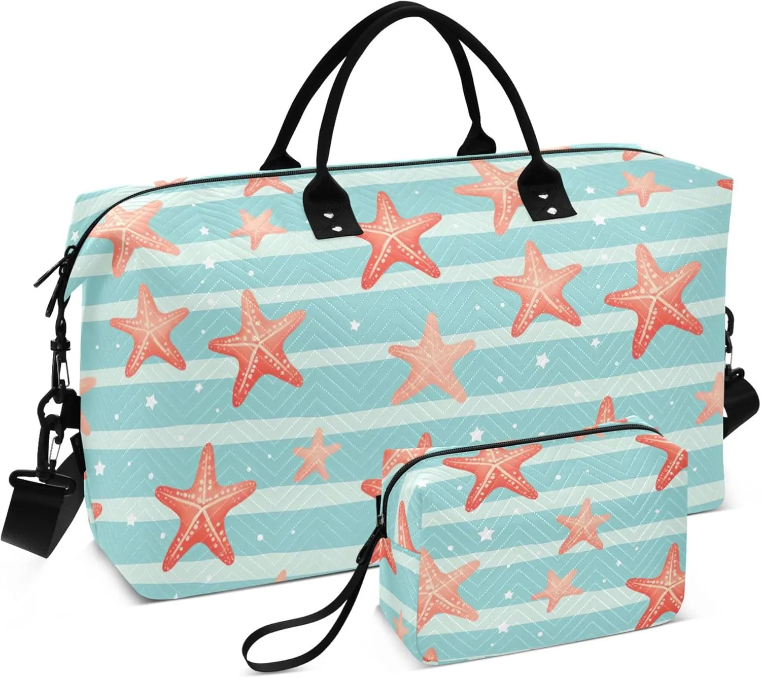 Starfish Stripes Travel Duffel Bag with Toiletry Bag Personalized Weekender Bag for Trips Sports Business Large Carry On Overnight Bag for Women & Men