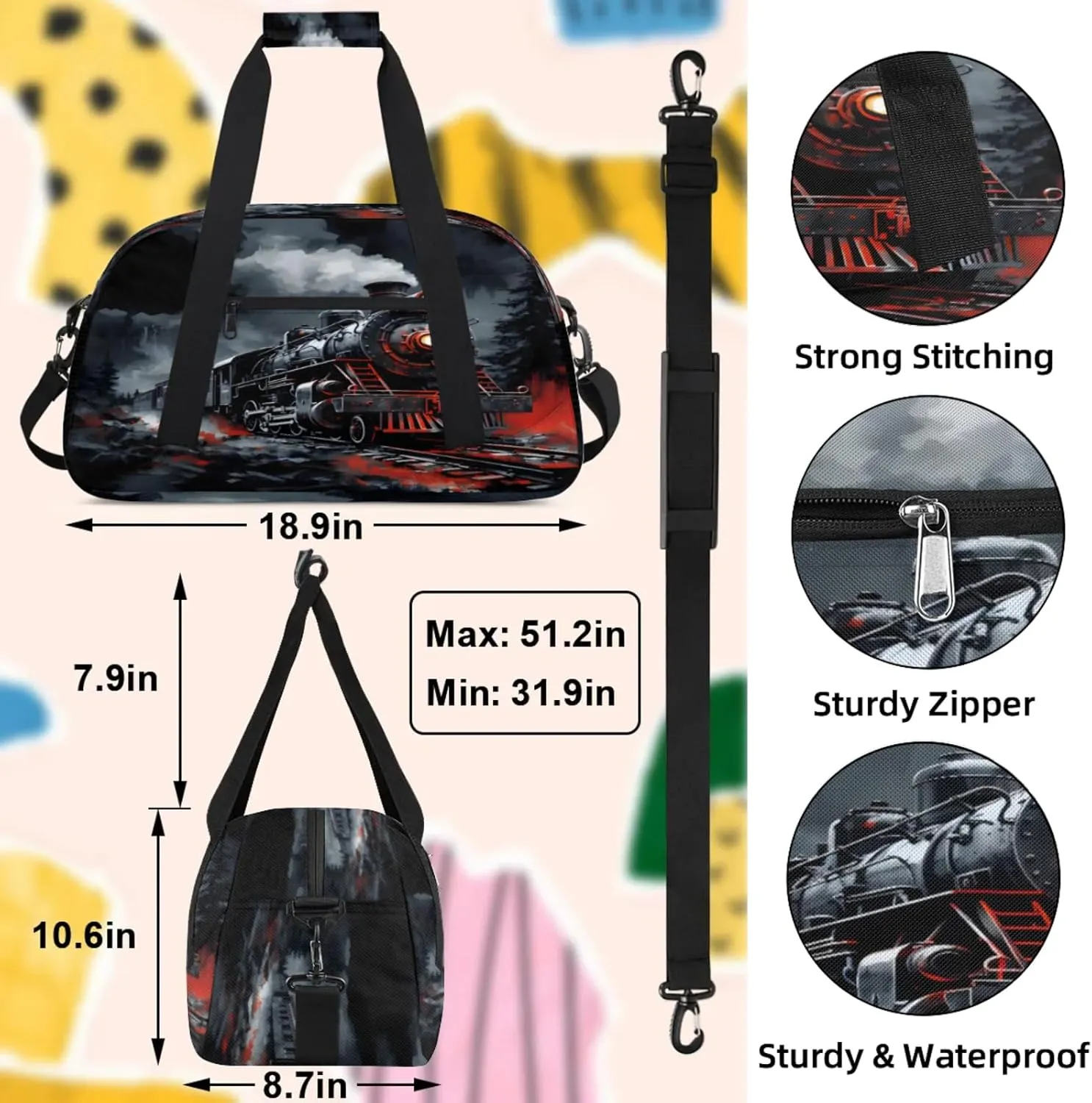 Steam Engine Old Train Small Gym Bag 18 inch Carry On Duffel Bag for Weekender Travel Sports Workout Yoga Gymnastics Dance Ballet