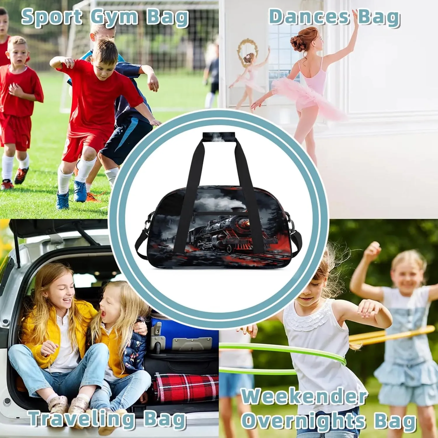 Steam Engine Old Train Small Gym Bag 18 inch Carry On Duffel Bag for Weekender Travel Sports Workout Yoga Gymnastics Dance Ballet