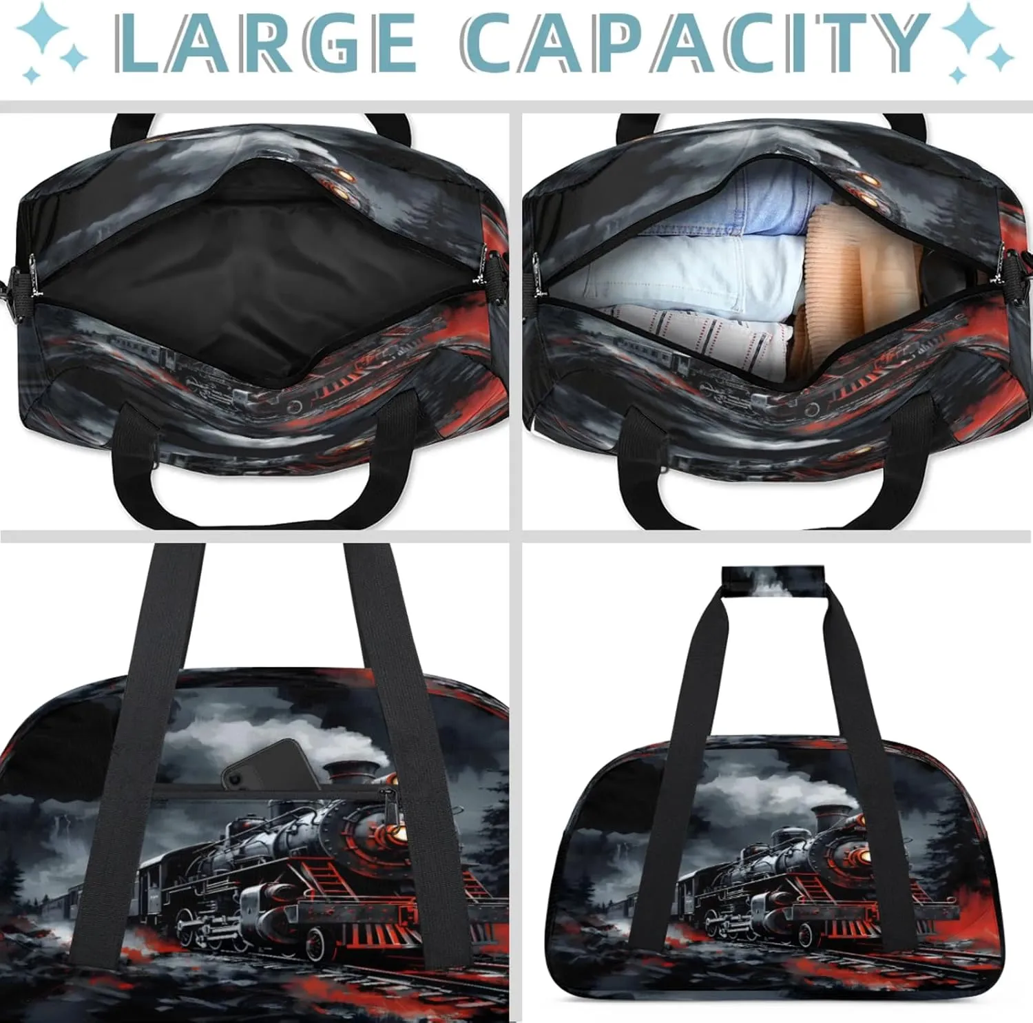 Steam Engine Old Train Small Gym Bag 18 inch Carry On Duffel Bag for Weekender Travel Sports Workout Yoga Gymnastics Dance Ballet