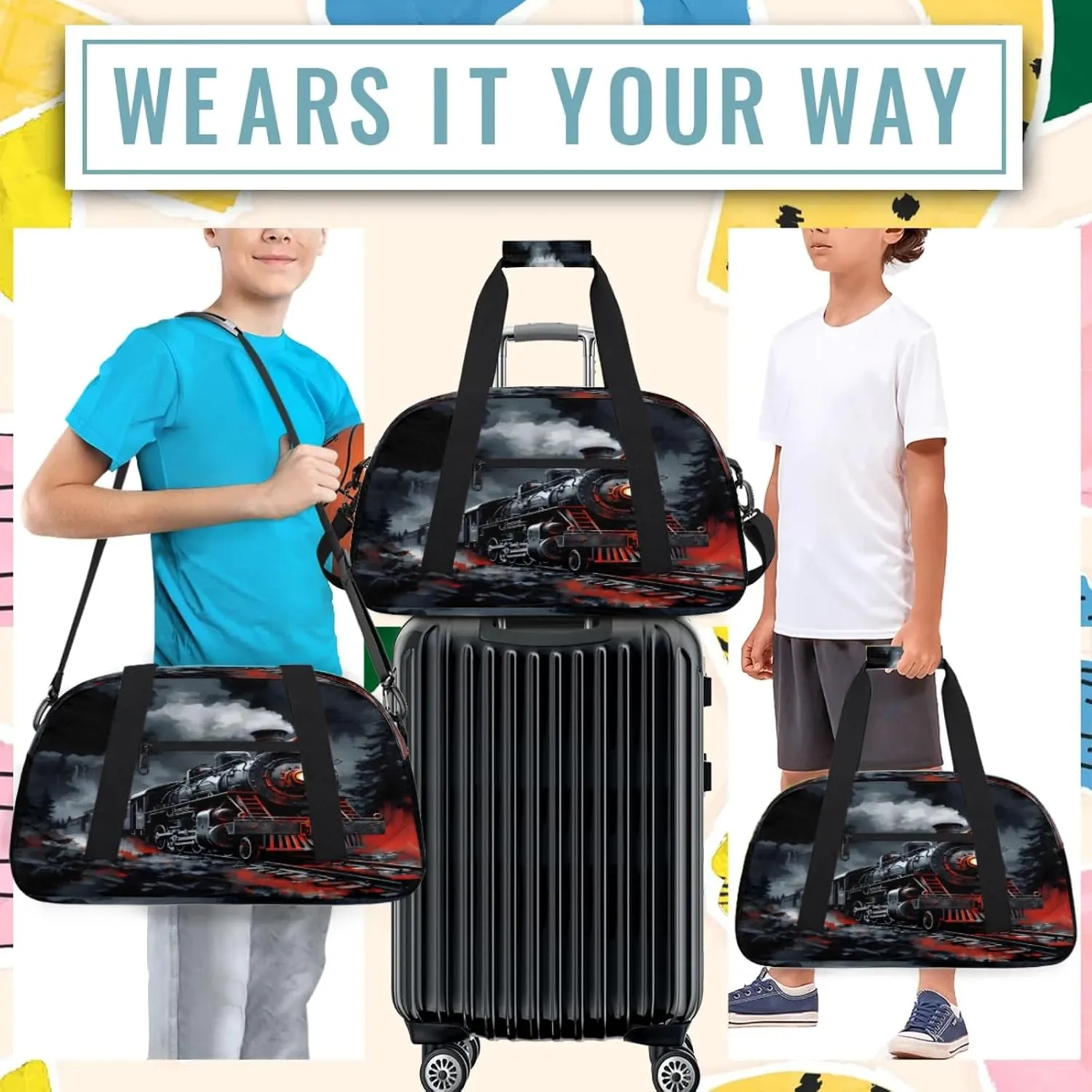 Steam Engine Old Train Small Gym Bag 18 inch Carry On Duffel Bag for Weekender Travel Sports Workout Yoga Gymnastics Dance Ballet