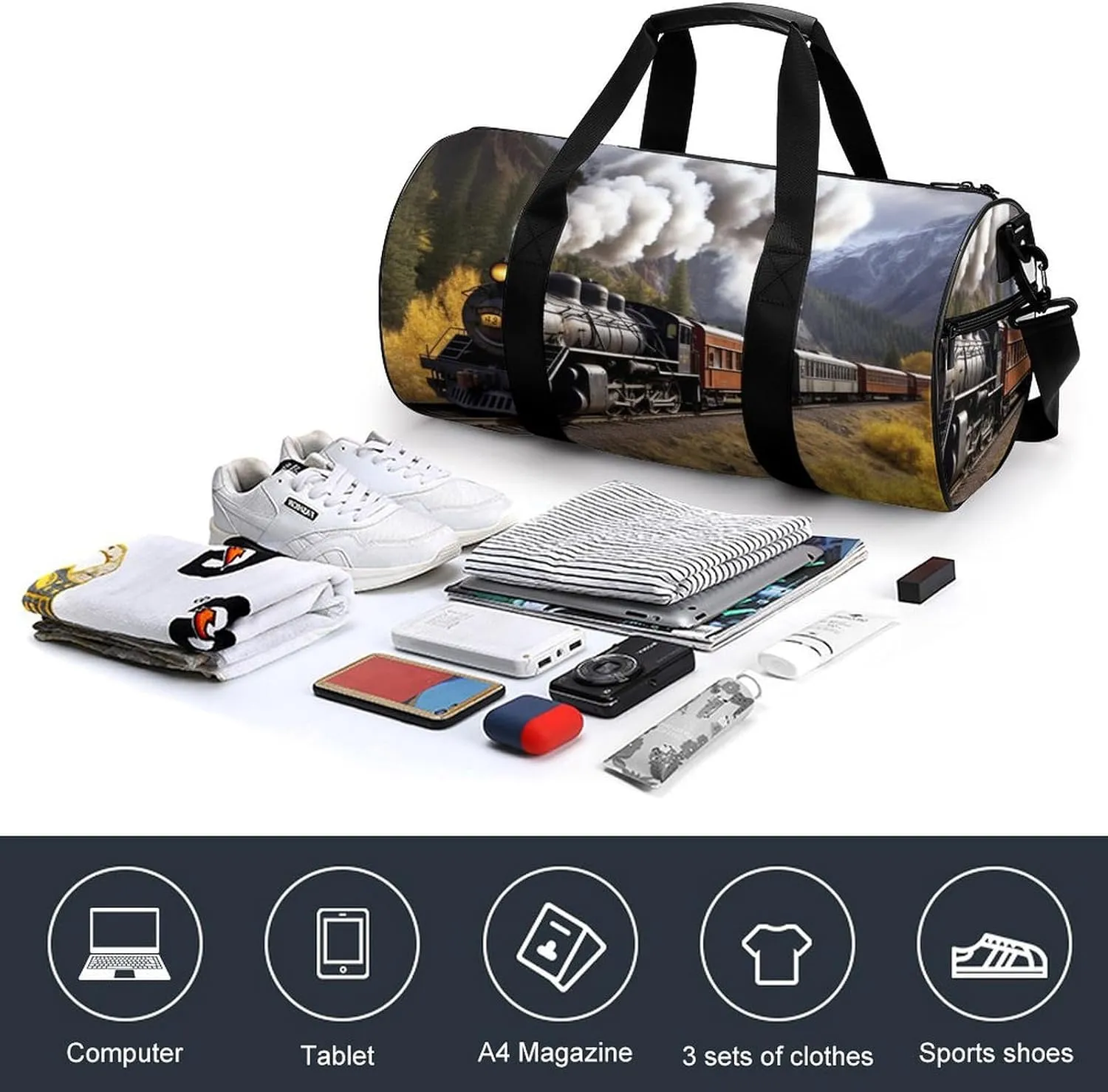 Steam Locomotive Train Gym Bag Small Travel Duffle Bag with Compartment Carry On Weekender Bag for Women Men