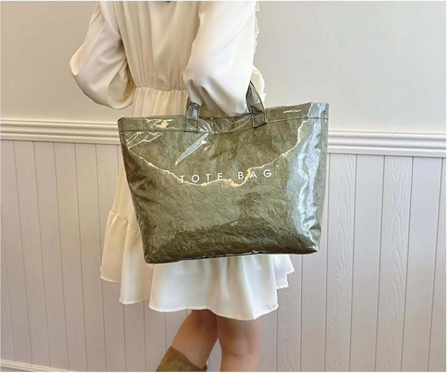 Stellaya Womens Letters Print Tote Bag, Women's PVC Kraft Paper Tote Bag, Large Shopping Hobo Handbag