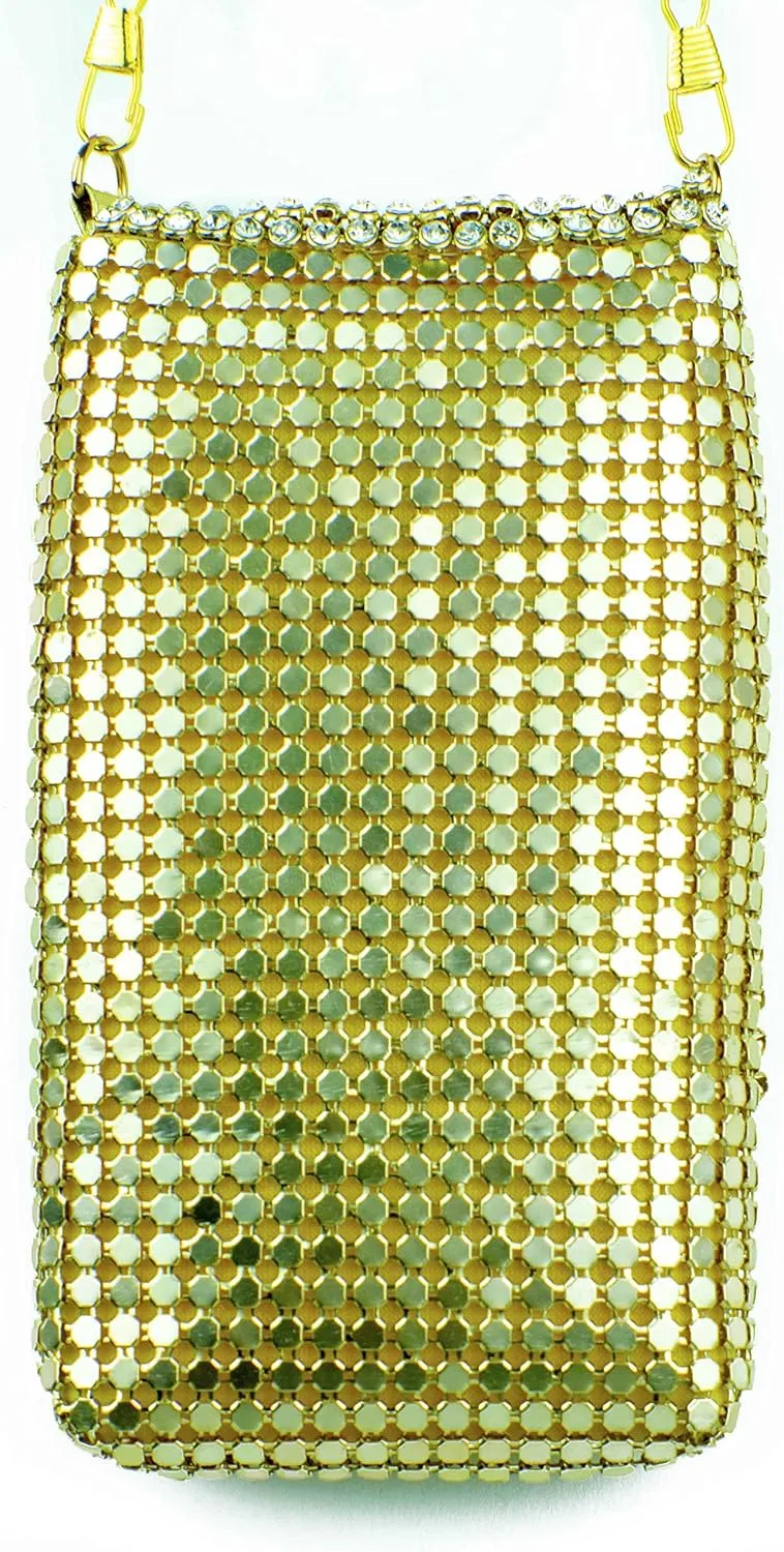 Stephanie Imports Soft Metallic Gold Mesh Women's Cell Phone Shoulder Evening Purse