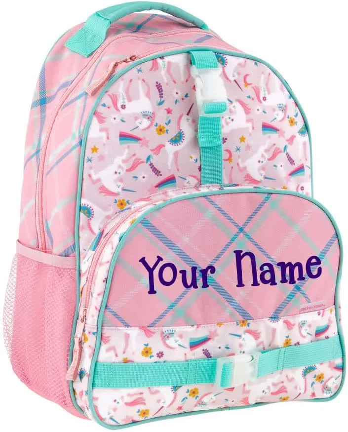 Stephen Joseph Personalized Backpack - Unicorn Book Bag - Plaid All Over Print - Kids Back to School Supplies - Vacation Daypack - Custom Name
