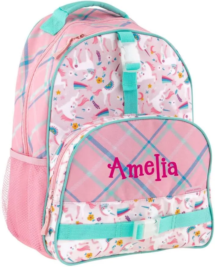 Stephen Joseph Personalized Backpack - Unicorn Book Bag - Plaid All Over Print - Kids Back to School Supplies - Vacation Daypack - Custom Name