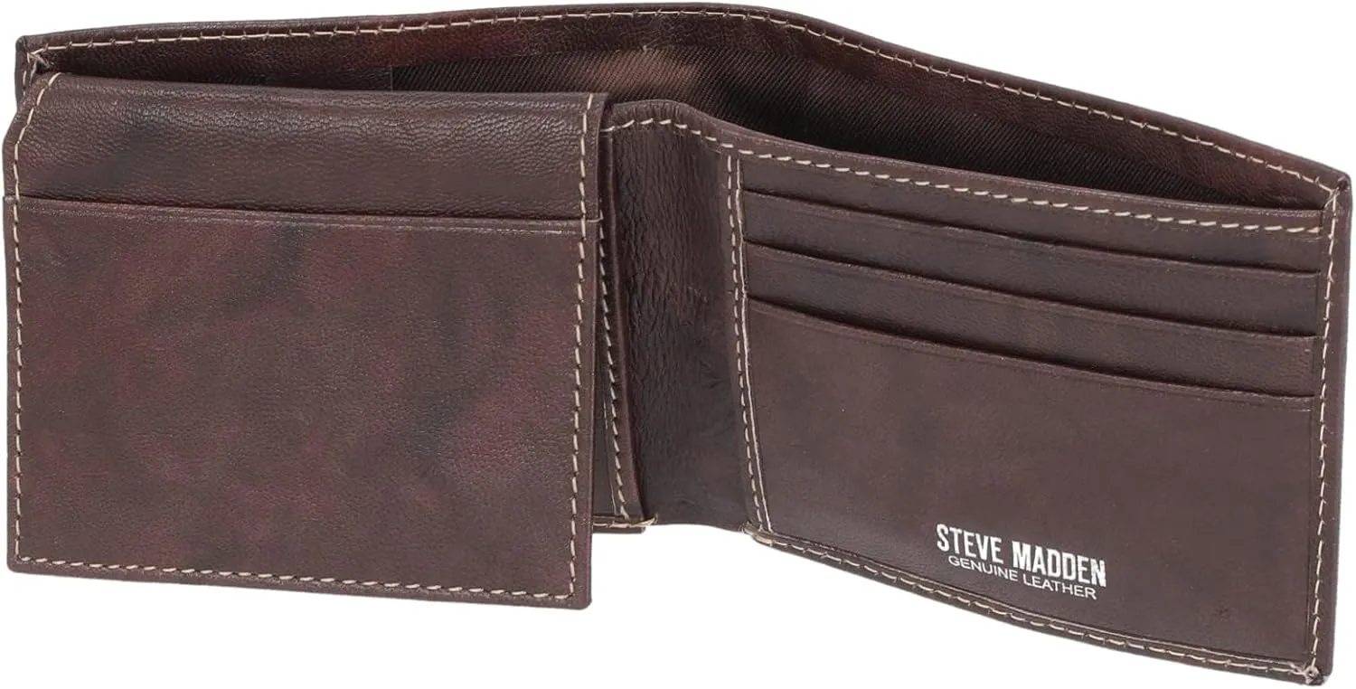 Steve Madden Men's Slim Leather Wallet with Extra Capacity Attached Flip Pockets