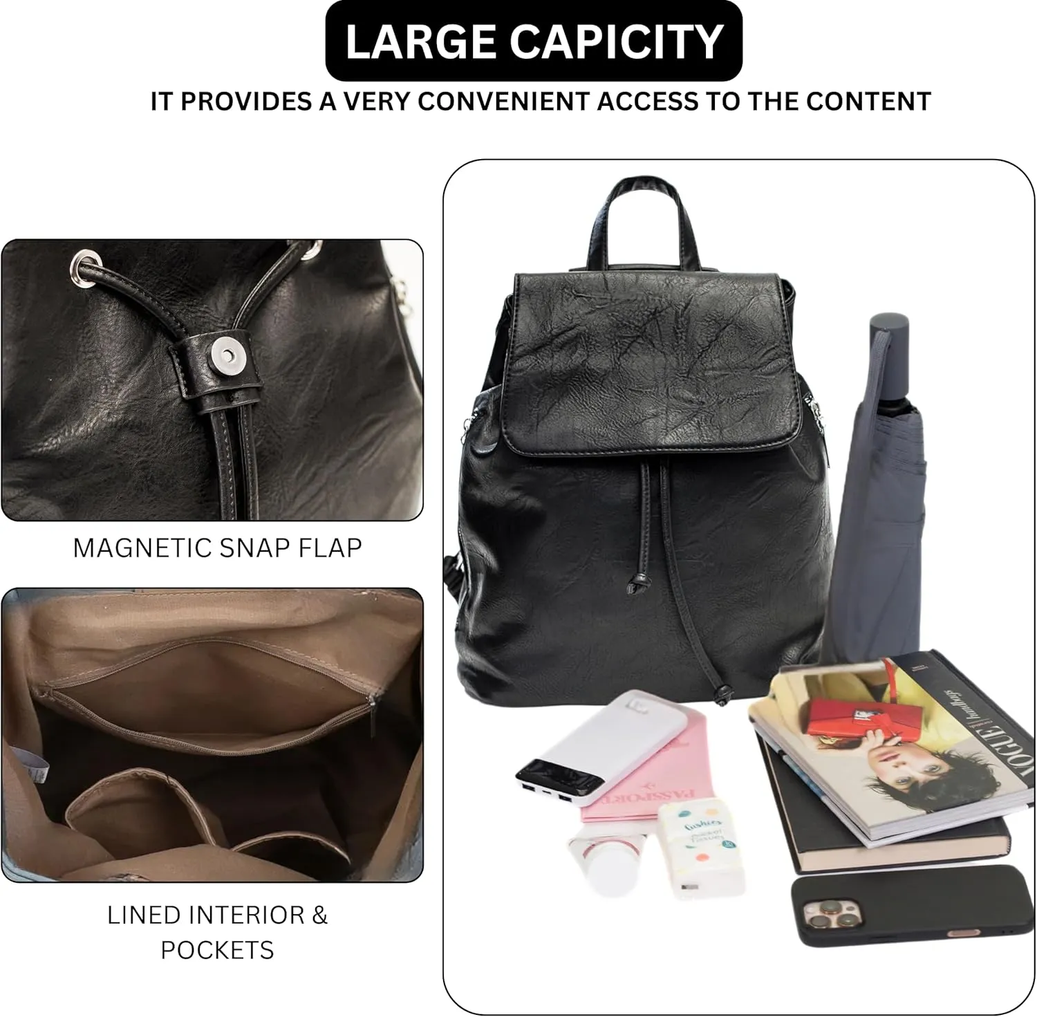 Stylish Flap Top Backpack for Women – Travel & Everyday Faux Leather Rucksack with Zip Pockets – Jude (Black)