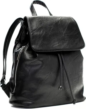 Stylish Flap Top Backpack for Women – Travel & Everyday Faux Leather Rucksack with Zip Pockets – Jude (Black)