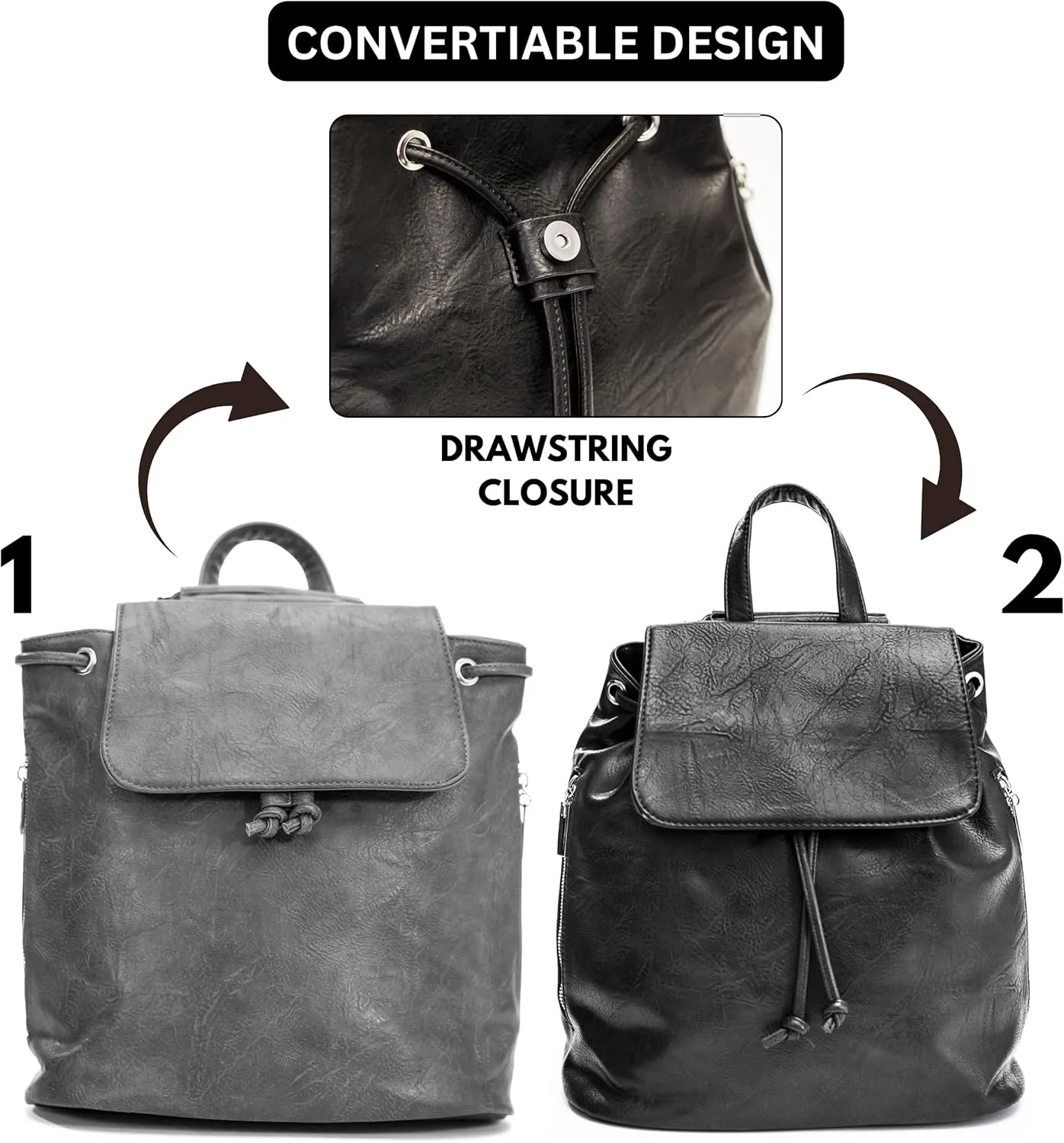 Stylish Flap Top Backpack for Women – Travel & Everyday Faux Leather Rucksack with Zip Pockets – Jude (Black)