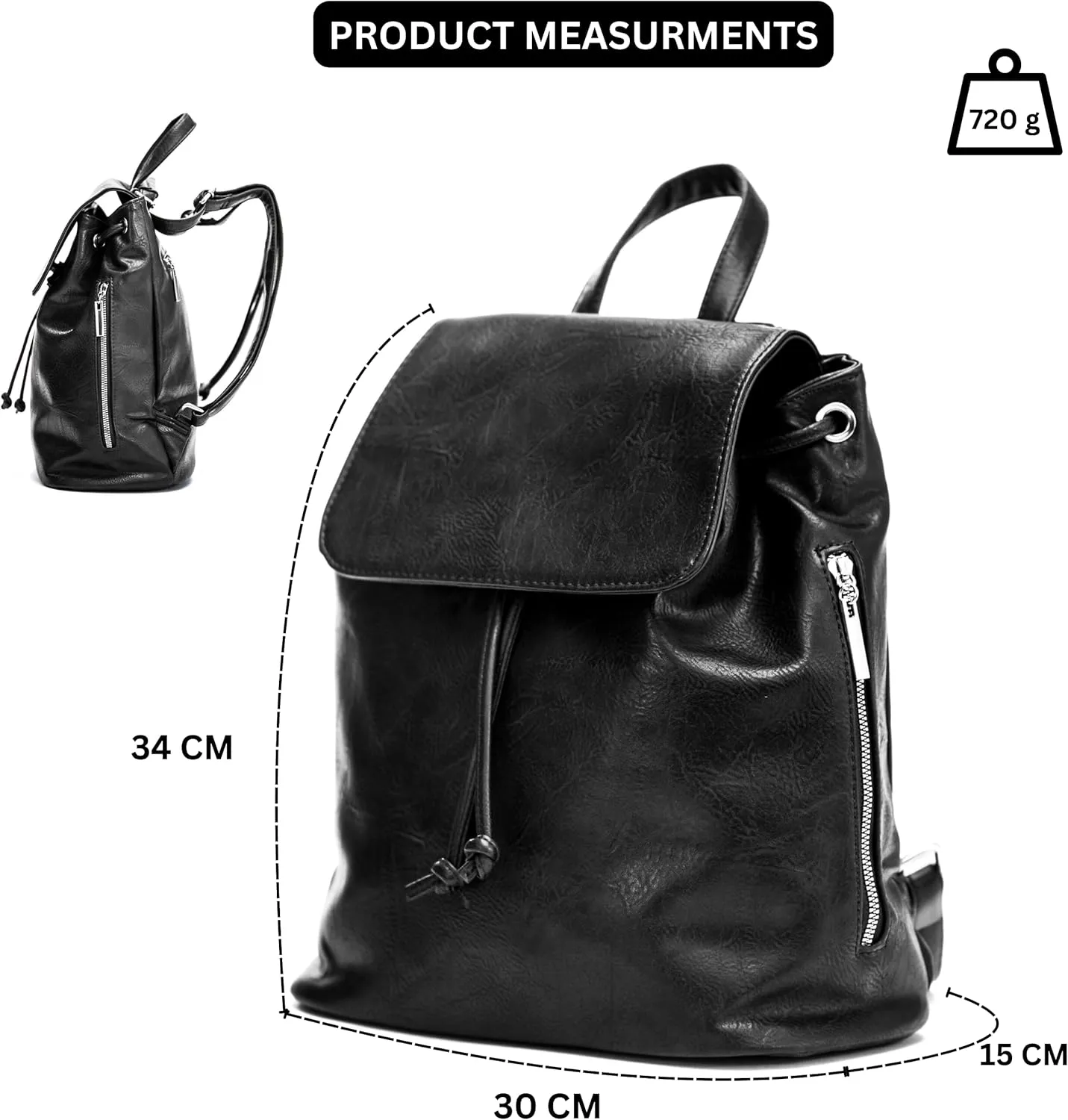 Stylish Flap Top Backpack for Women – Travel & Everyday Faux Leather Rucksack with Zip Pockets – Jude (Black)