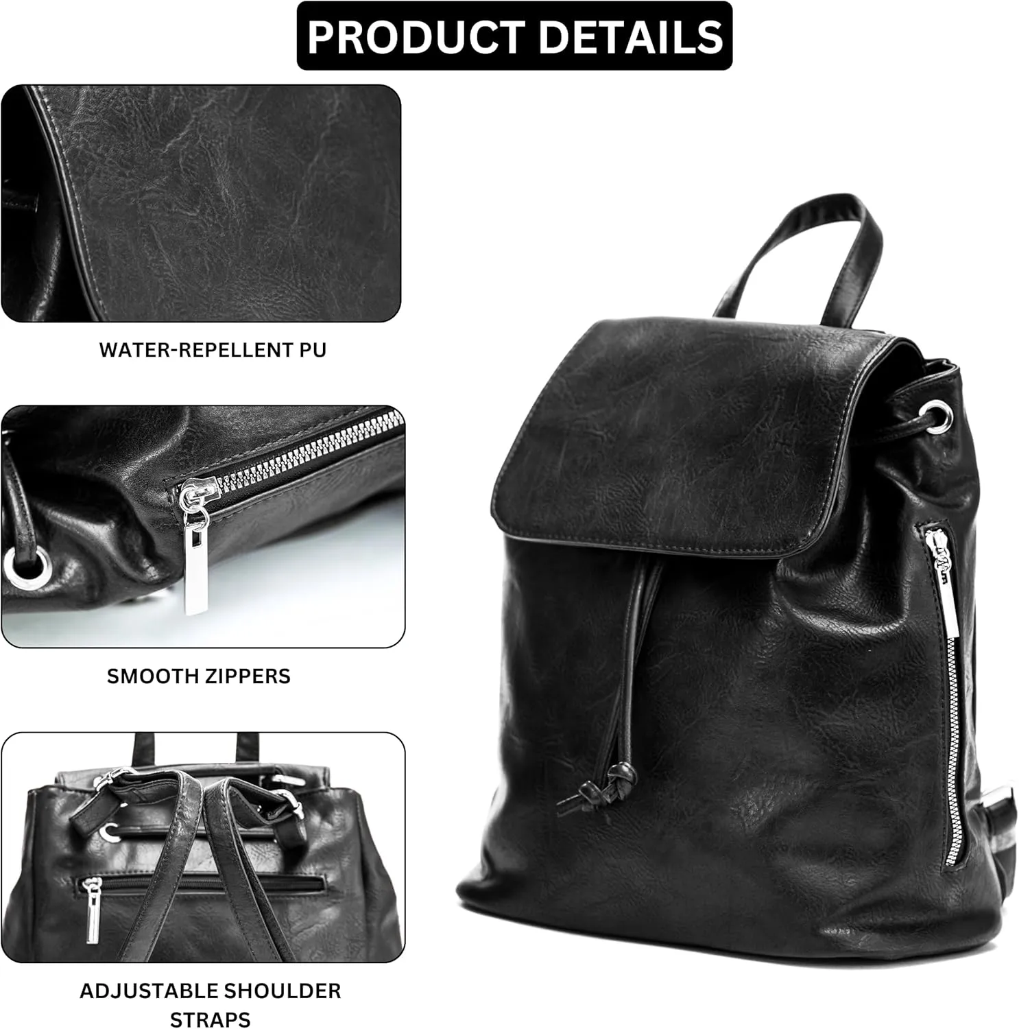 Stylish Flap Top Backpack for Women – Travel & Everyday Faux Leather Rucksack with Zip Pockets – Jude (Black)
