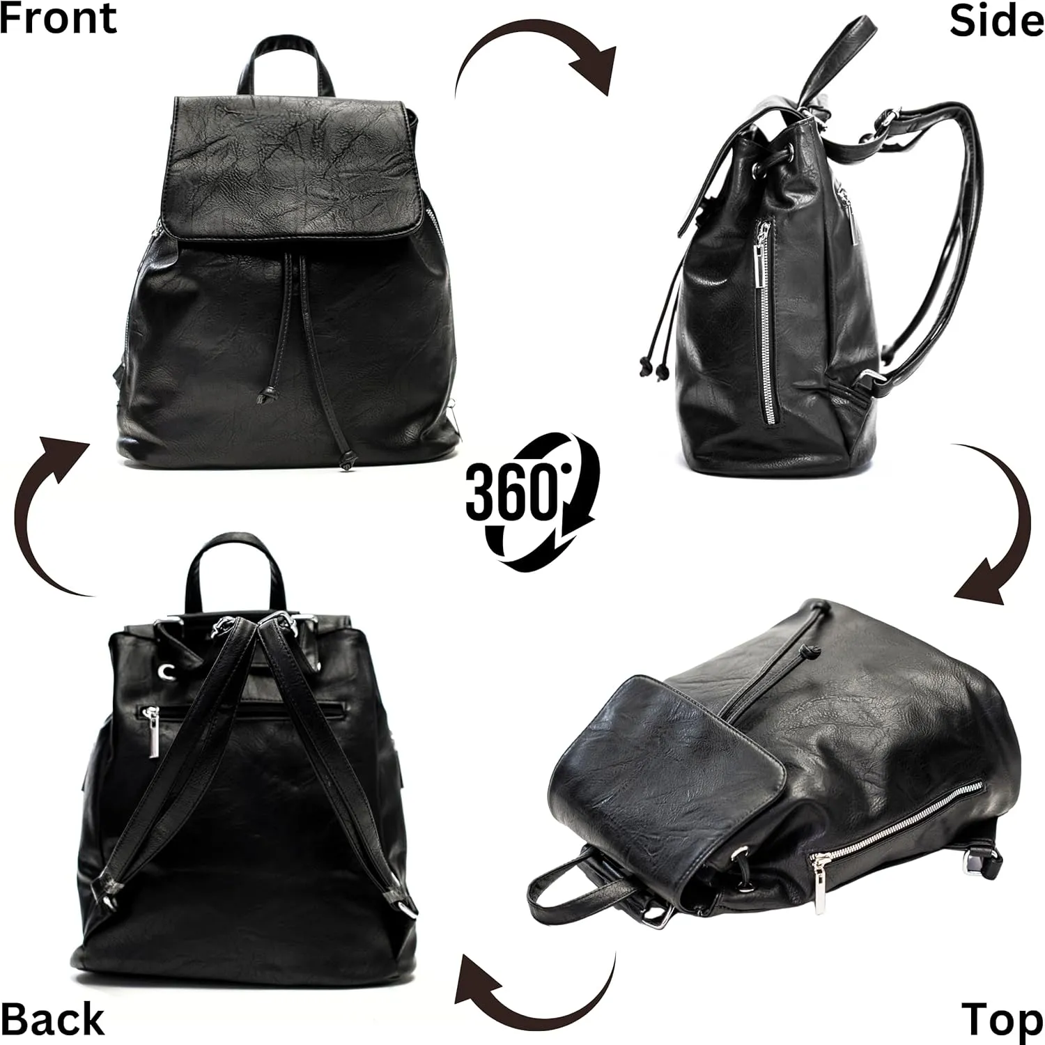 Stylish Flap Top Backpack for Women – Travel & Everyday Faux Leather Rucksack with Zip Pockets – Jude (Black)