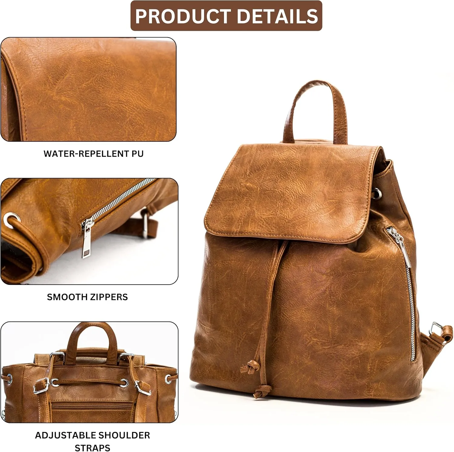 Stylish Flap Top Backpack for Women – Travel & Everyday Faux Leather Rucksack with Zip Pockets – Jude (Brown)