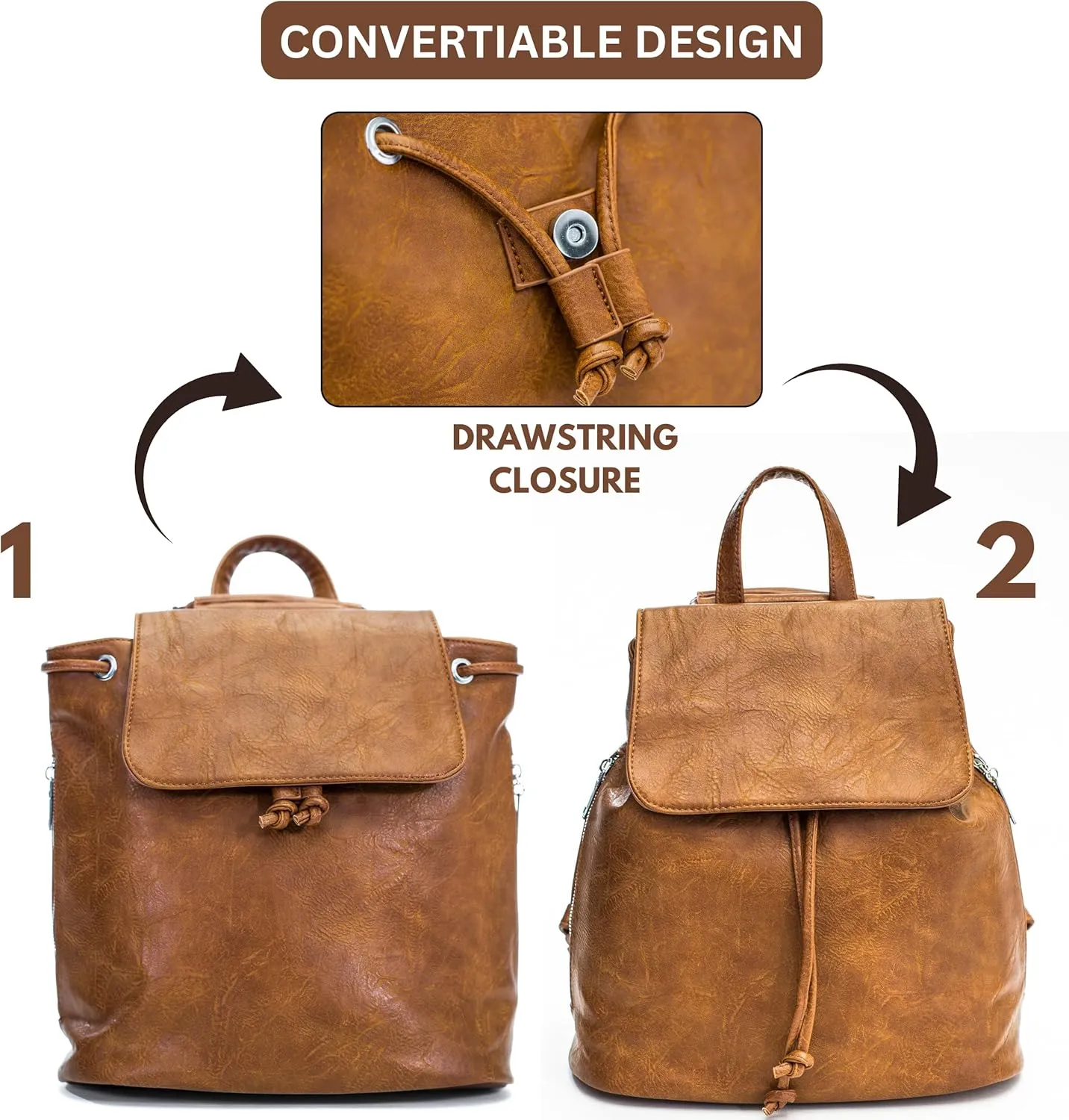 Stylish Flap Top Backpack for Women – Travel & Everyday Faux Leather Rucksack with Zip Pockets – Jude (Brown)