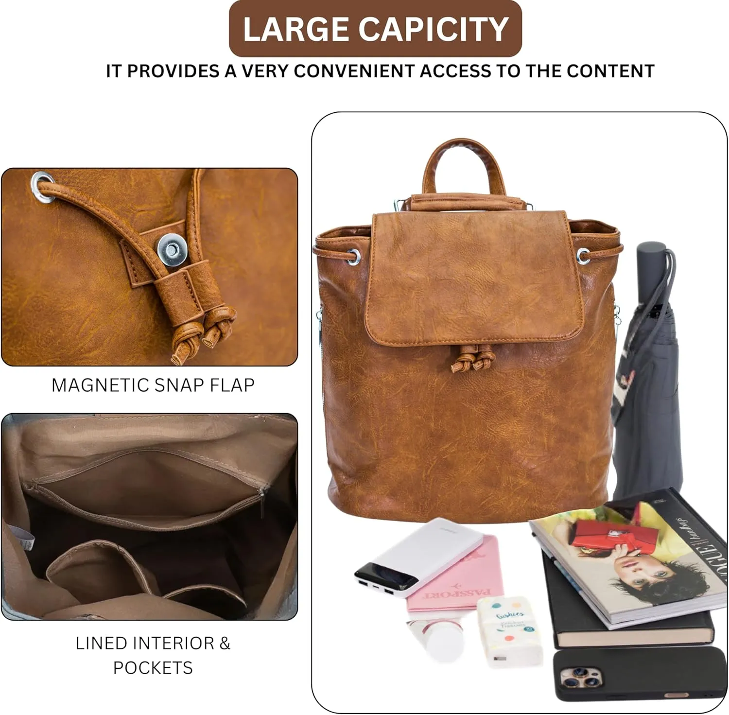 Stylish Flap Top Backpack for Women – Travel & Everyday Faux Leather Rucksack with Zip Pockets – Jude (Brown)