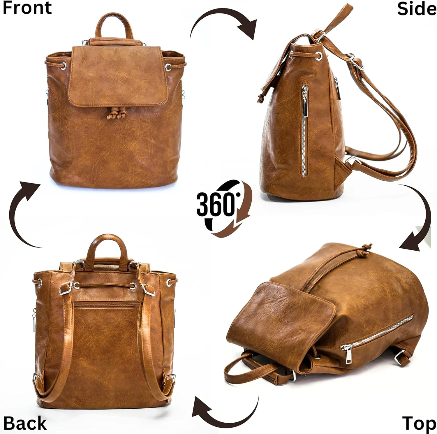 Stylish Flap Top Backpack for Women – Travel & Everyday Faux Leather Rucksack with Zip Pockets – Jude (Brown)