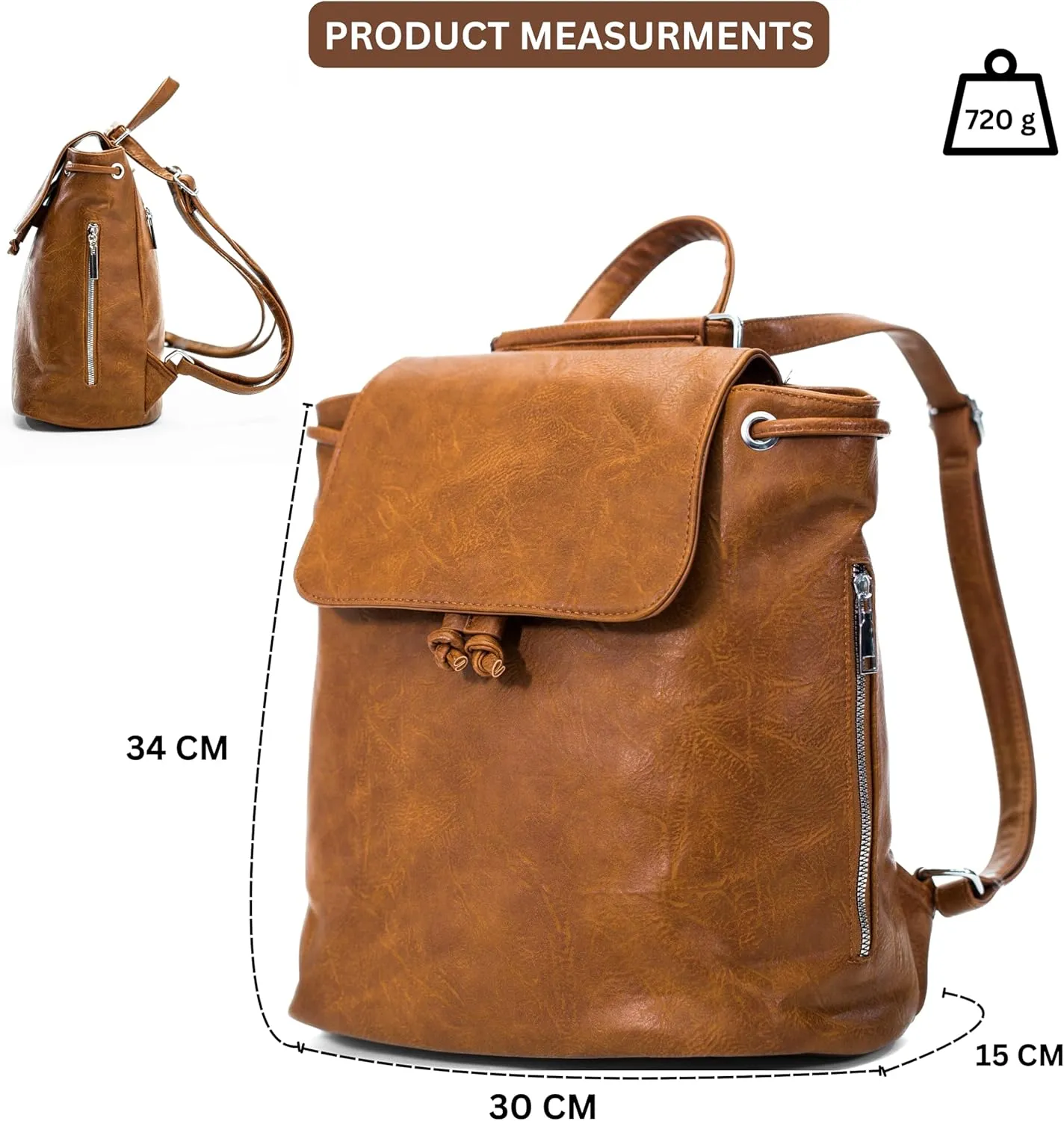 Stylish Flap Top Backpack for Women – Travel & Everyday Faux Leather Rucksack with Zip Pockets – Jude (Brown)