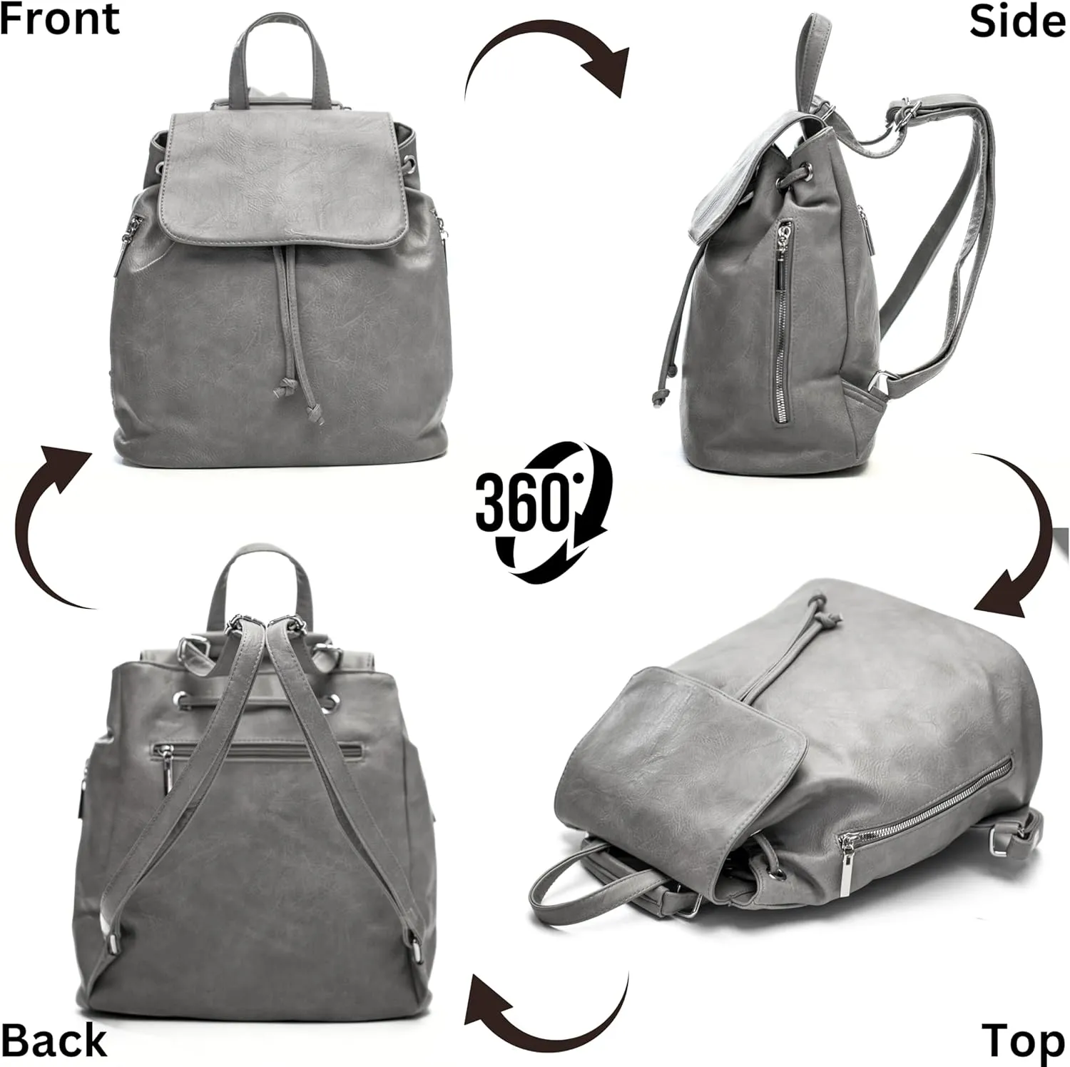 Stylish Flap Top Backpack for Women – Travel & Everyday Faux Leather Rucksack with Zip Pockets – Jude (Light Grey)